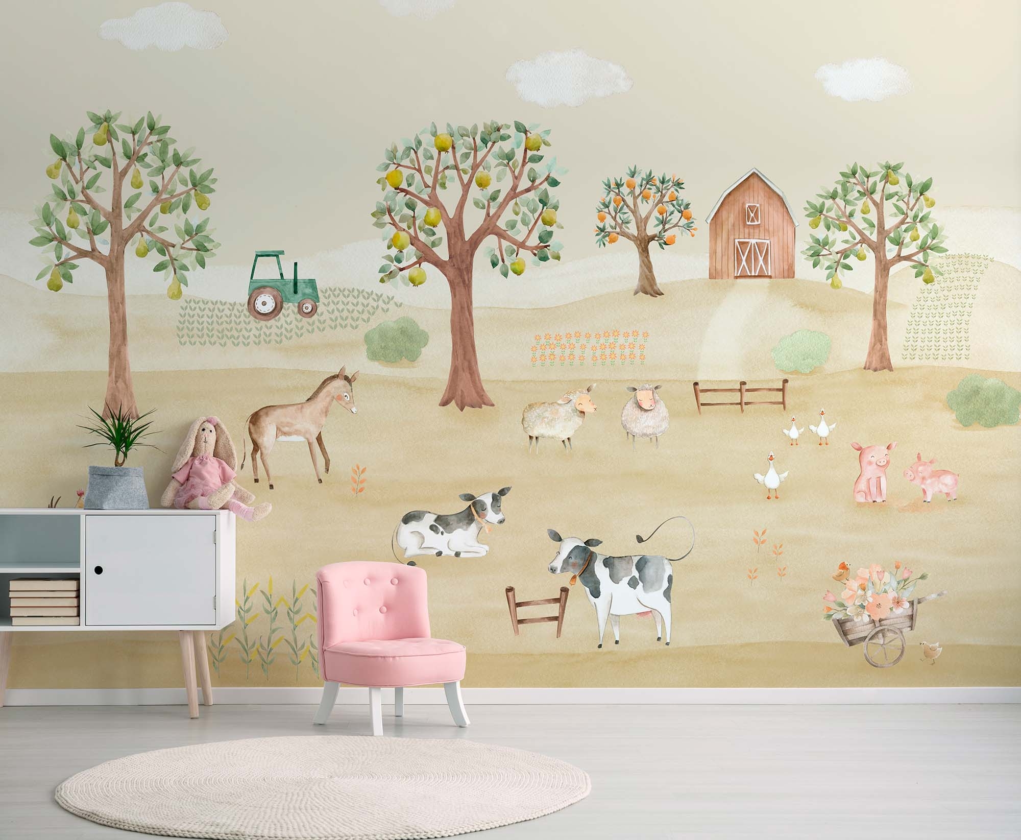 Wandbild Bauernhof Tiere Traktor Aquarell beige Prägevlies