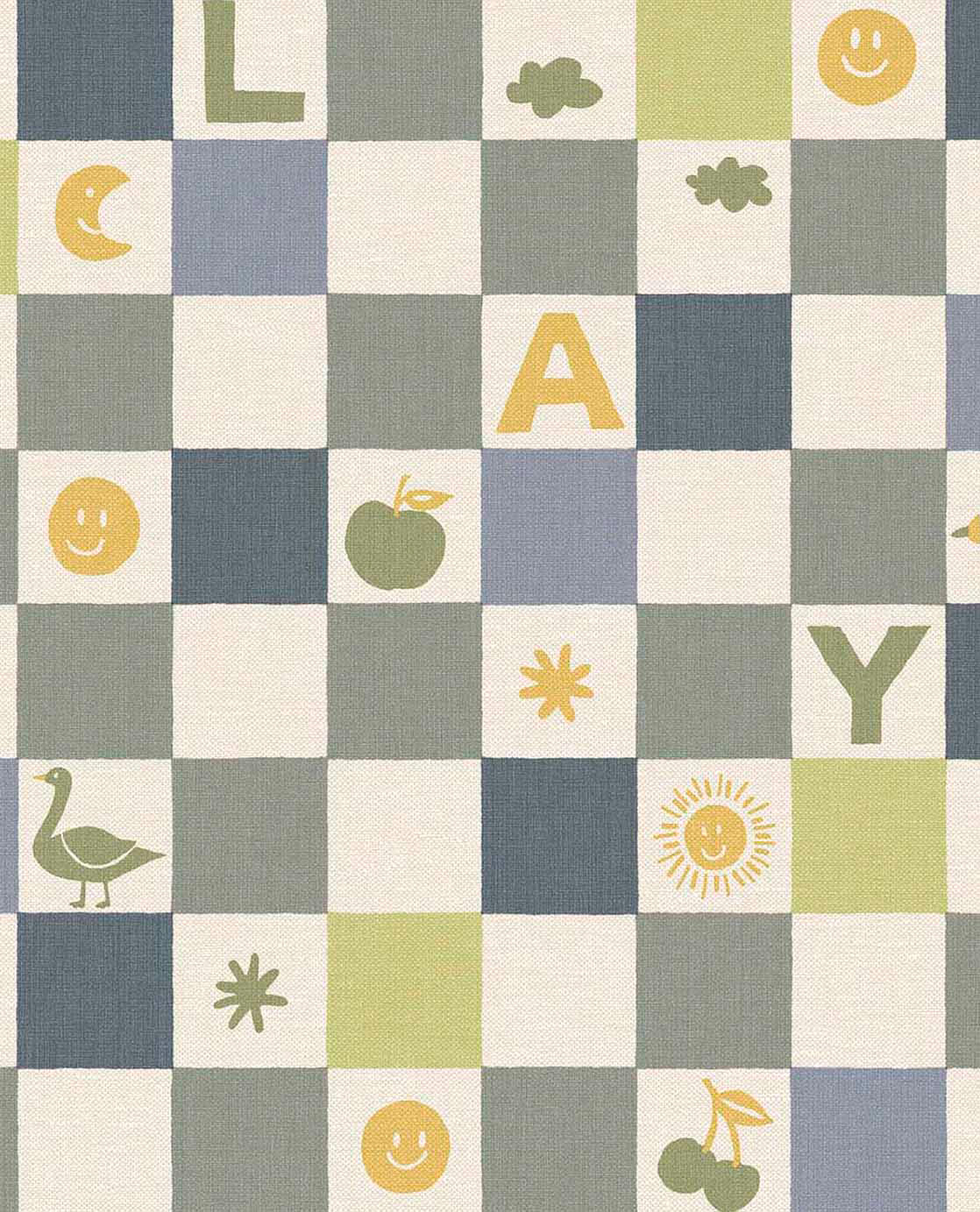 Musterstück ca. 12 cm Karierte Vliestapete Karomuster Sonne Wolken Buchstaben