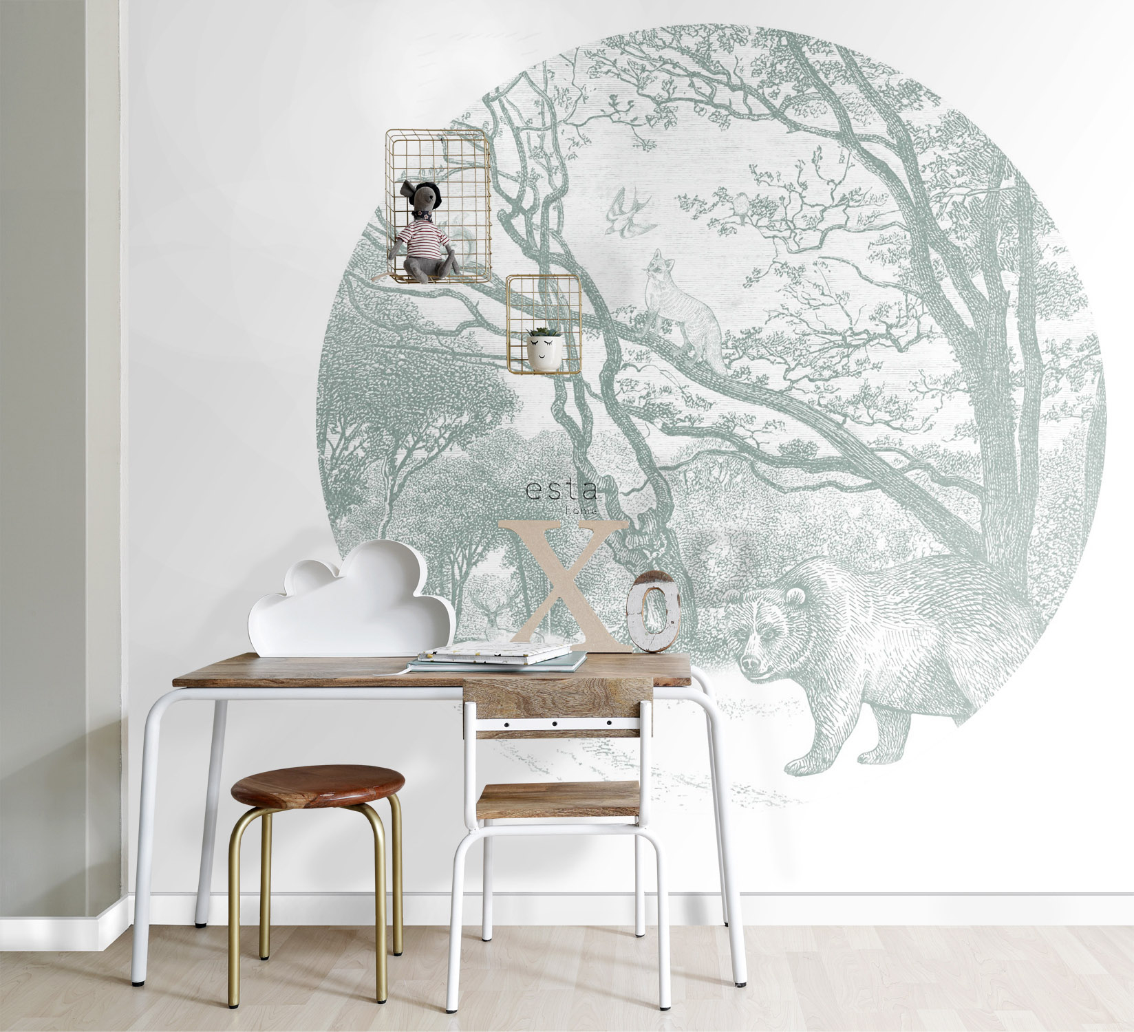 Wandbild Waldtiere rund grün 140 cm Vlies 159084