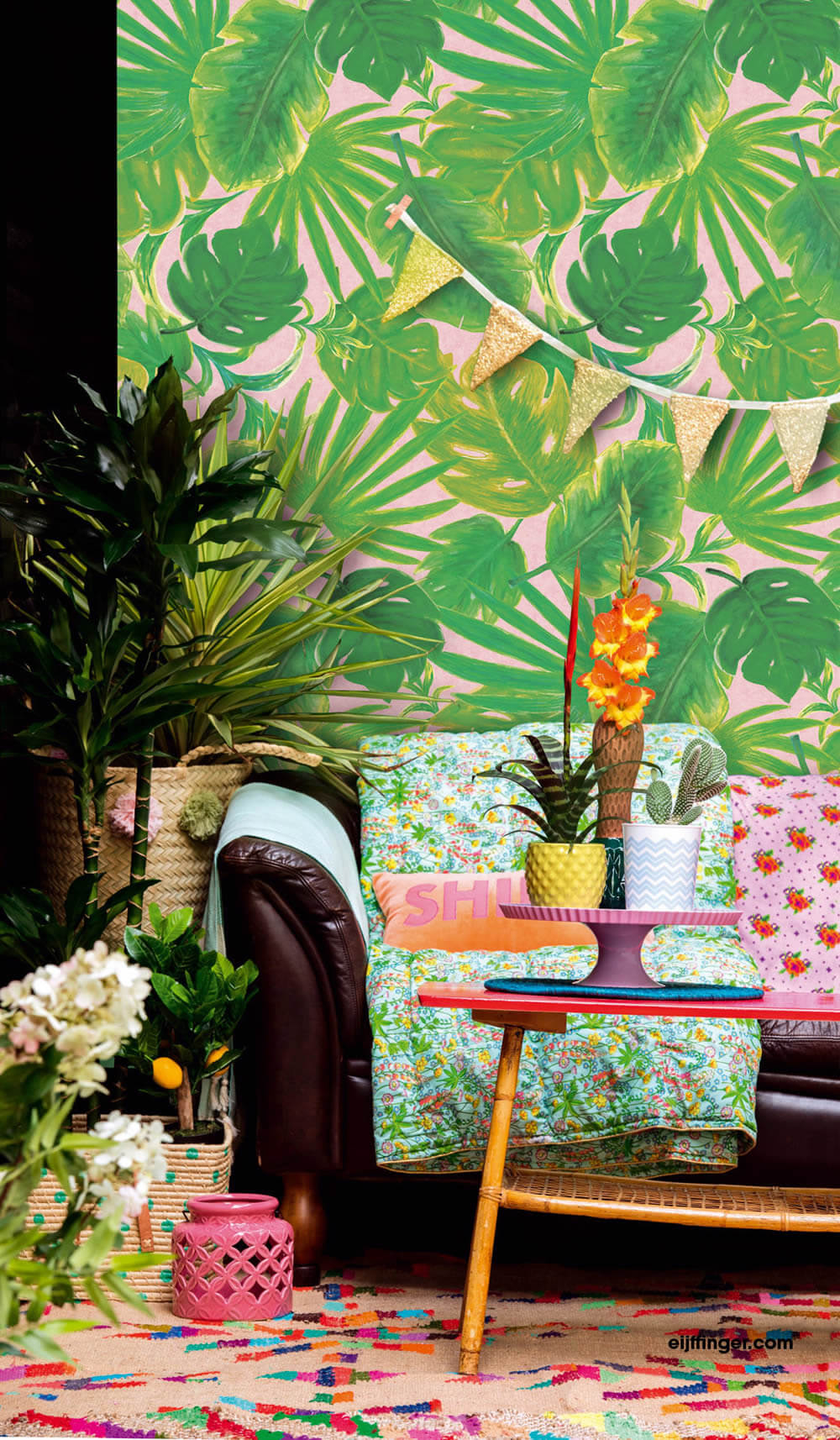 Pink Green Mural Palm Leaves-55-383604