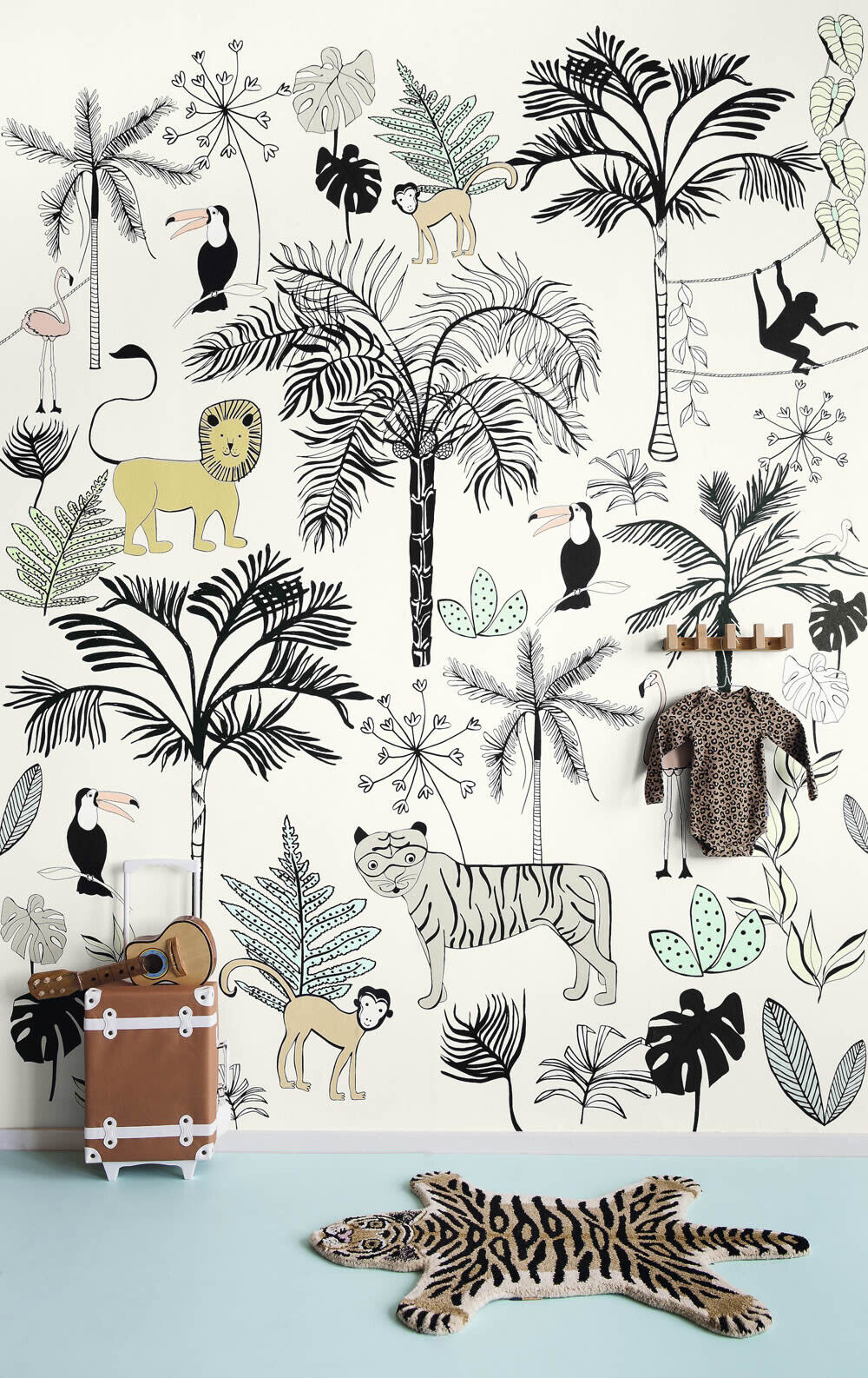 Wandbild Jungle Tiere Löwen Tiger Affen Palmen Beige 842173-7-842173