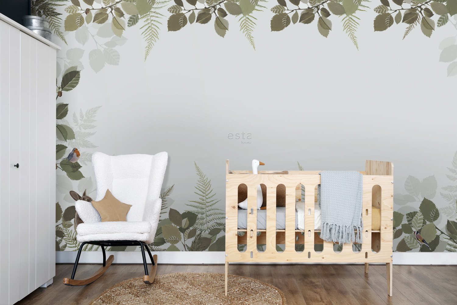 Wald Wandbild Blätter Tiere grau grün 500 x 279 cm 159102