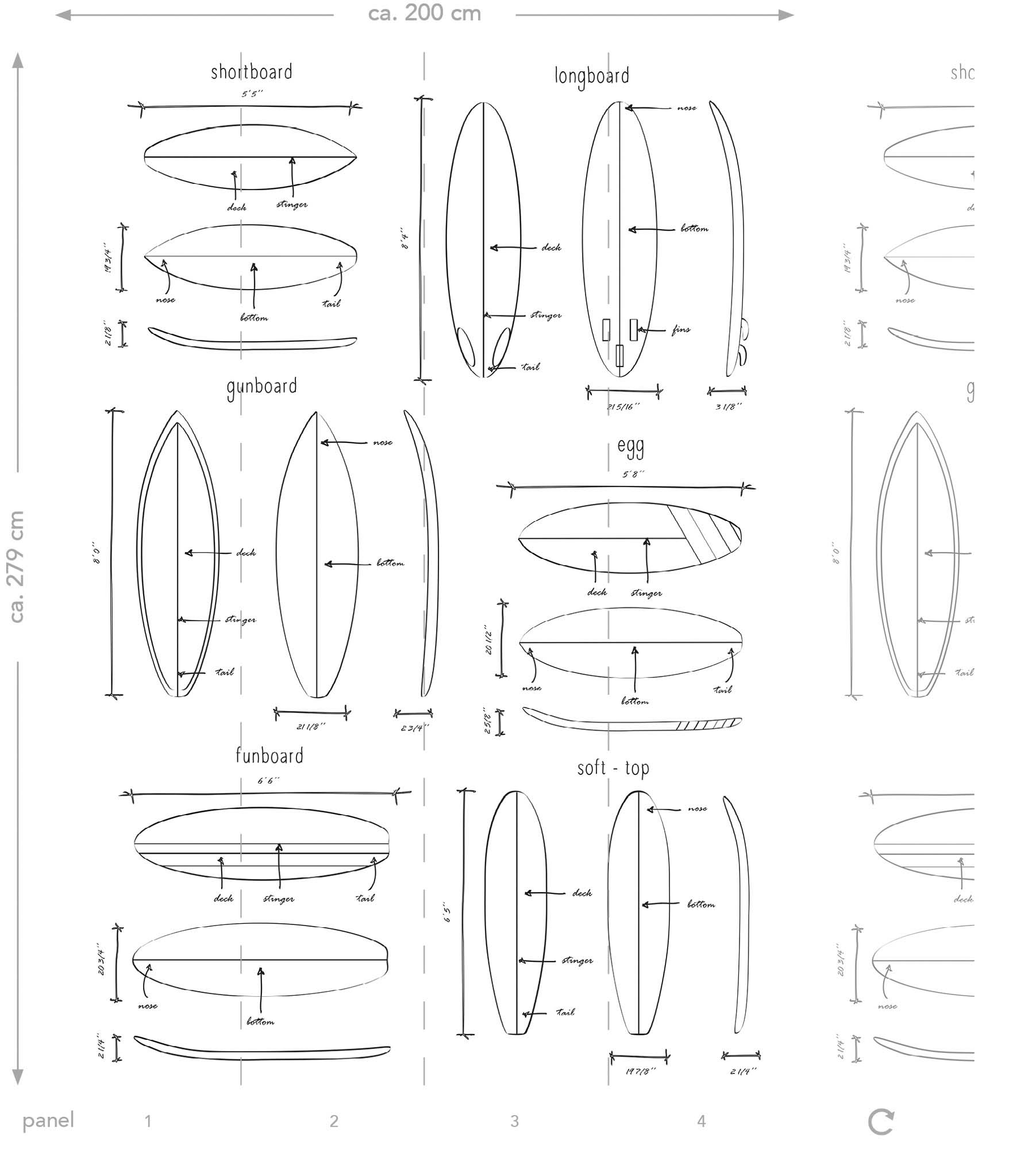 Wandbild Surfbrett Zeichnung 200 x 279 cm 158848