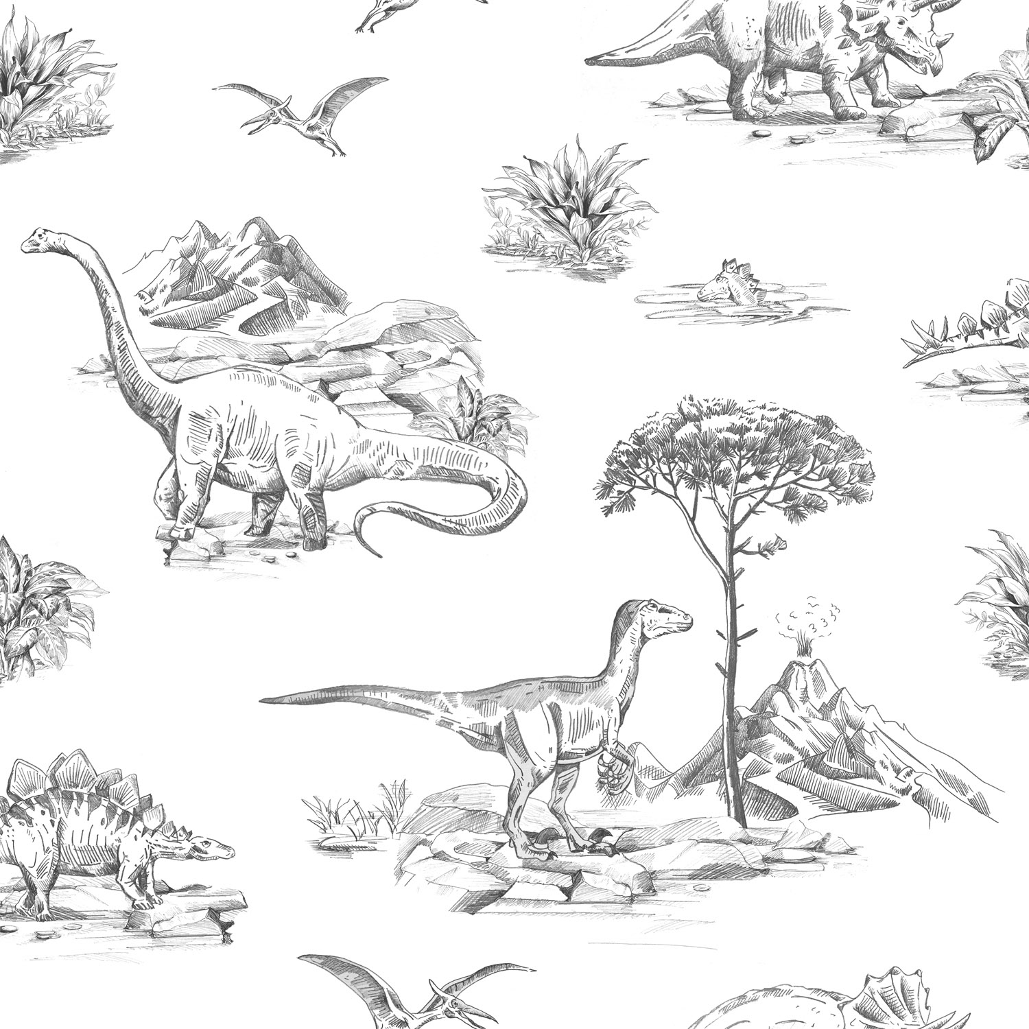 Dino Tapete Dinosaurier Pflanzen Vlies schwarz weiß 139269