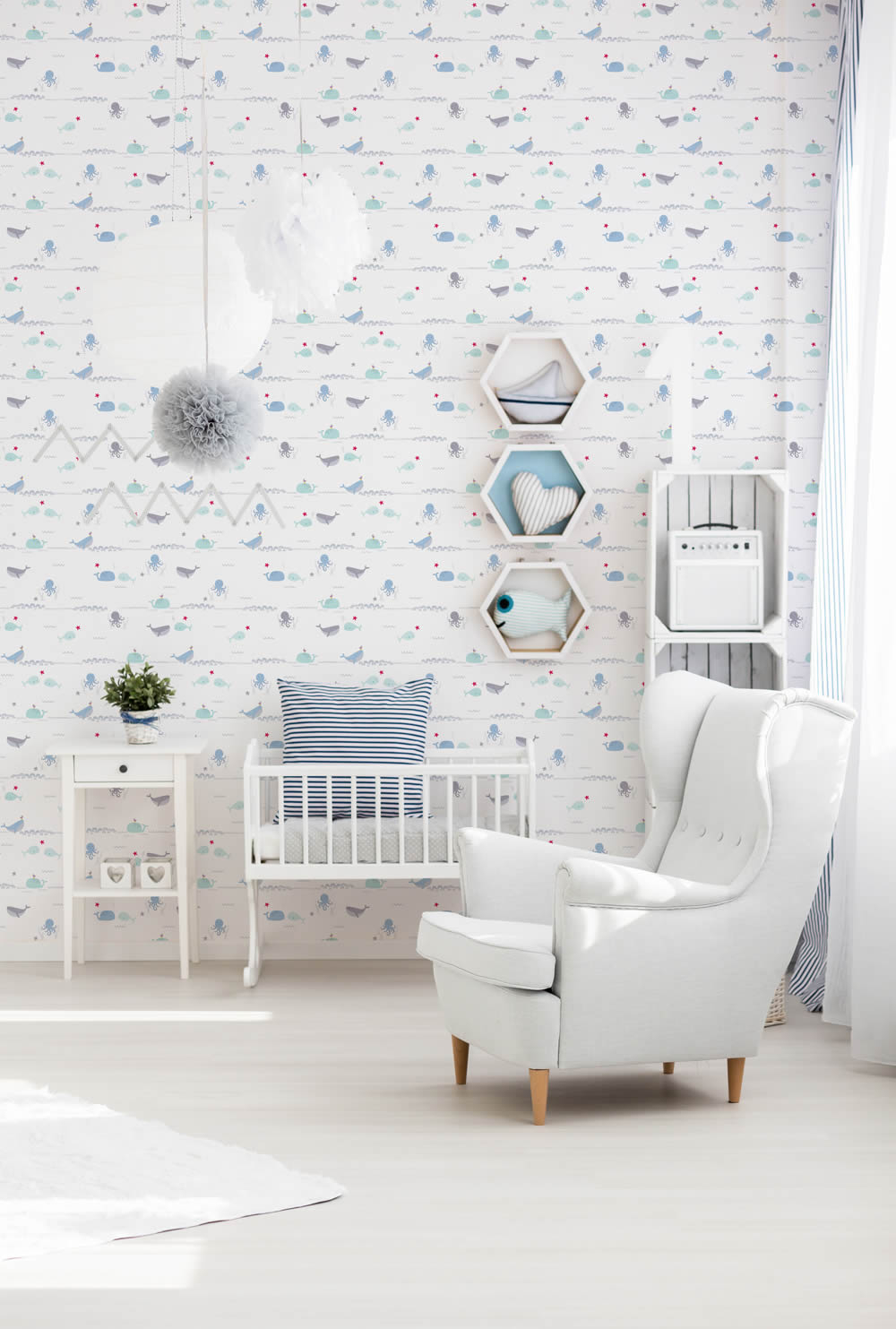whales and octopuses non-woven wallpaper blue and white Little Love AS Creation 381301-8-381301.1M