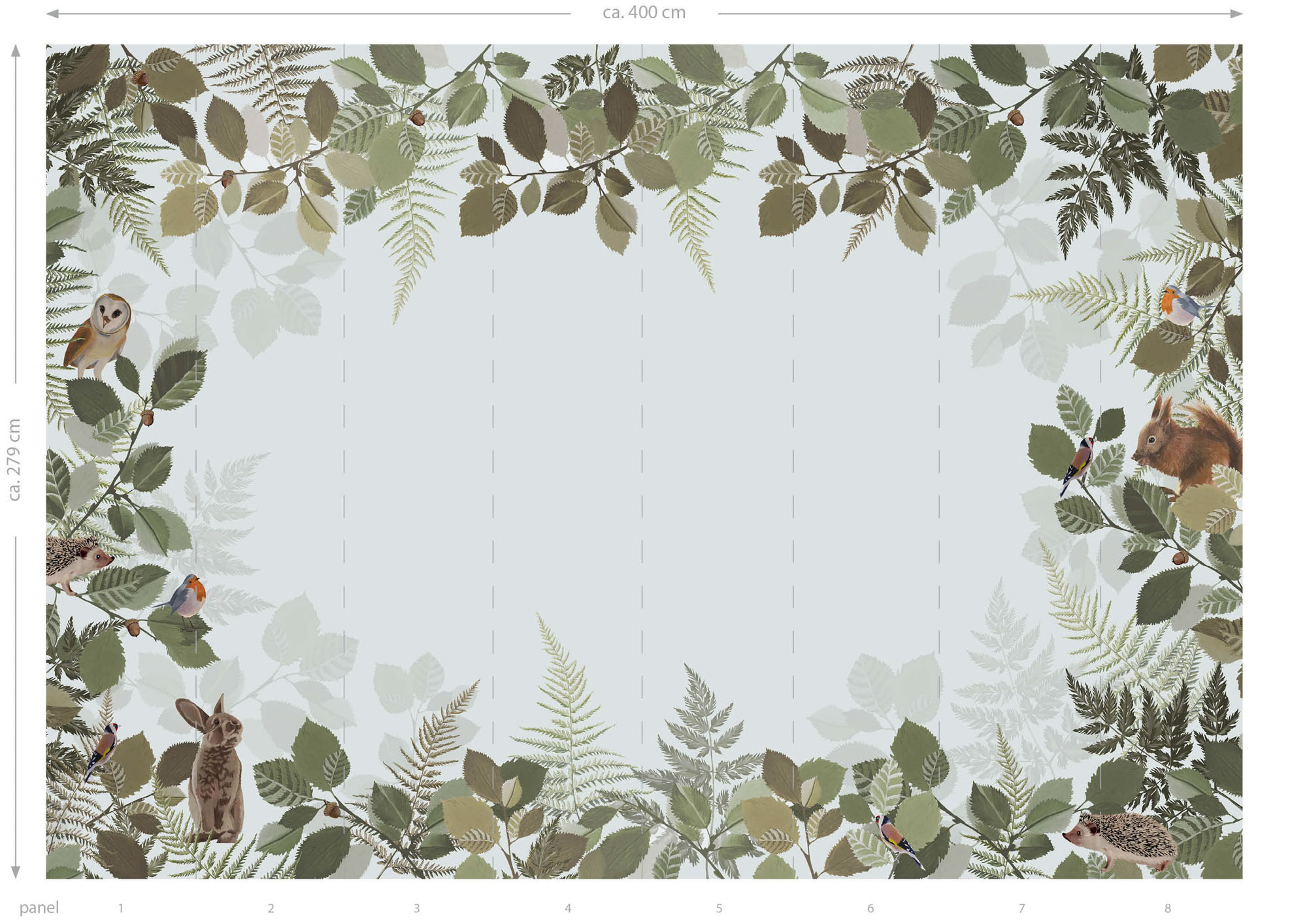 Wandbild Blätter Waldtiere grau grün 400 x 279 cm 159101