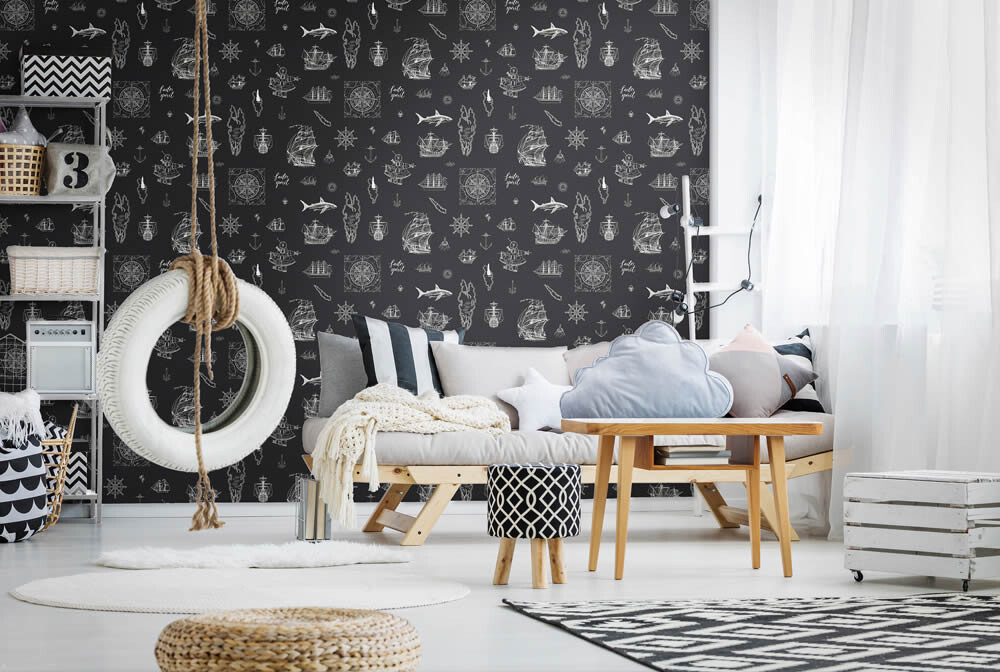 pirate ship black and white wallpaper Kids Walls Marburg 45842-6-45842.1M