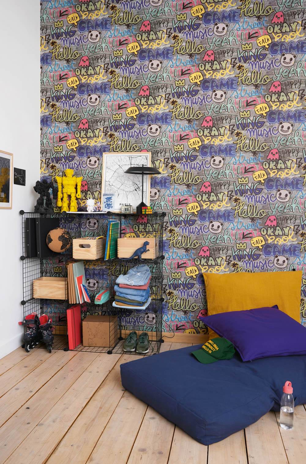 stone wall with writing graffiti wallpaper blue and colorful Young and free YNF103304565-36-YNF103304565.1M