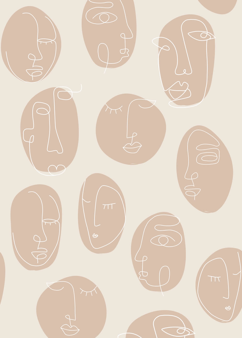 200 x 279 cm wall art abstract faces line art beige 159252