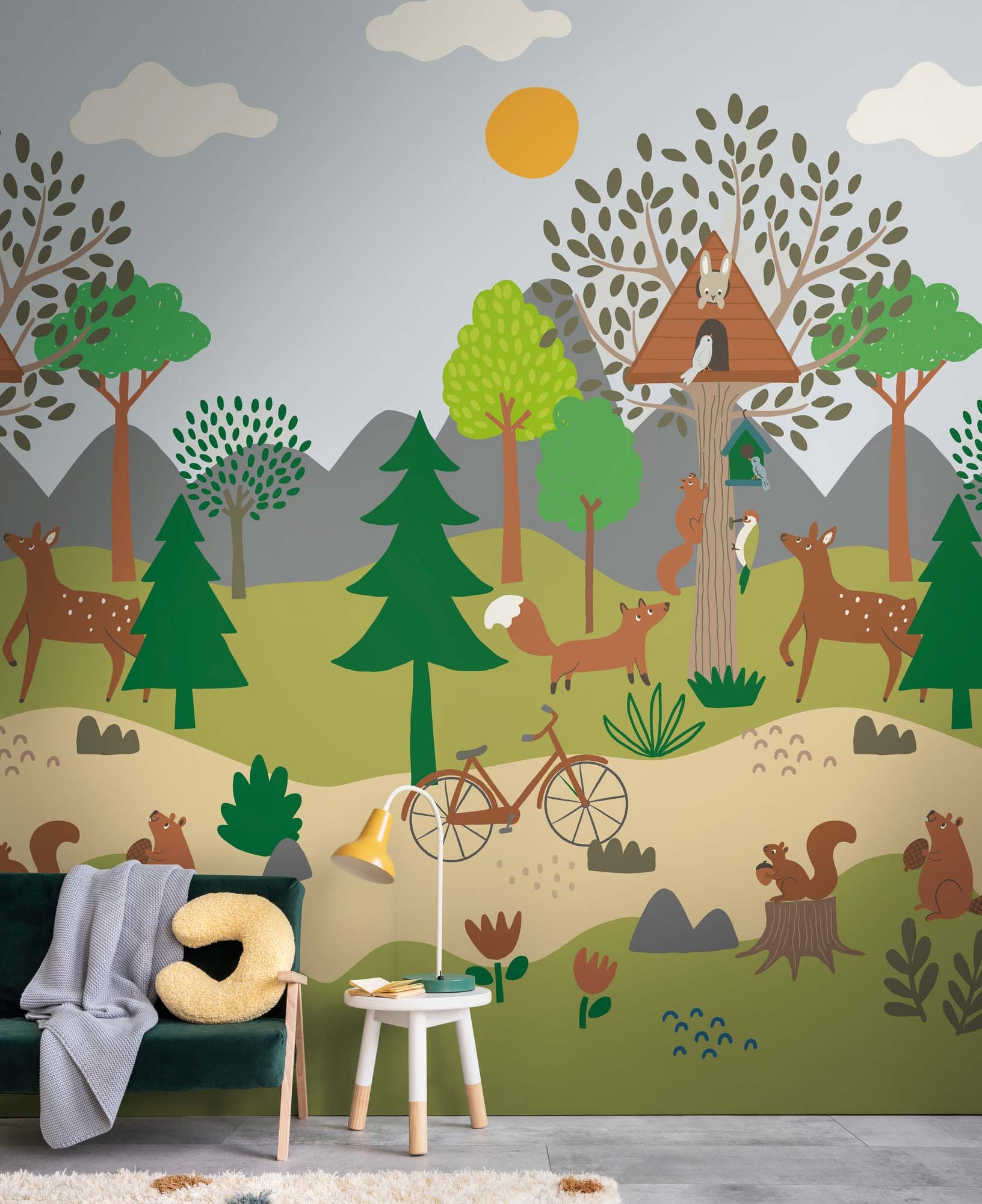 Wandbild Waldtiere Fuchs Reh Bäume grün 159 x 280 cm 792881