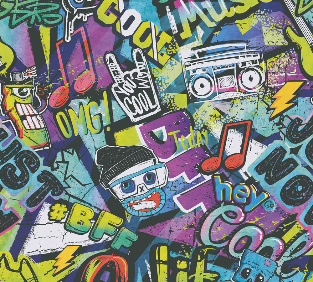 Mustertapete Vlies Graffiti farbenfroh bunt lila blau gelb 771421-8-771421