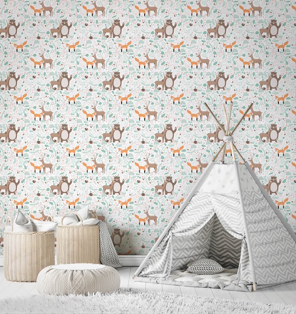 flowers and acorn wallpaper white and colorful Kids Walls Marburg 45872-6-45872.1M