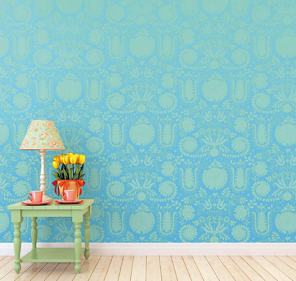 Wandbild Blumen Verzierungen Hell-Blau-65-TD4011