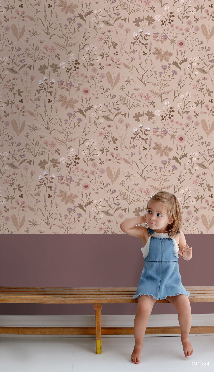 Wildflowers floral pattern wallpaper girls room dusty pink