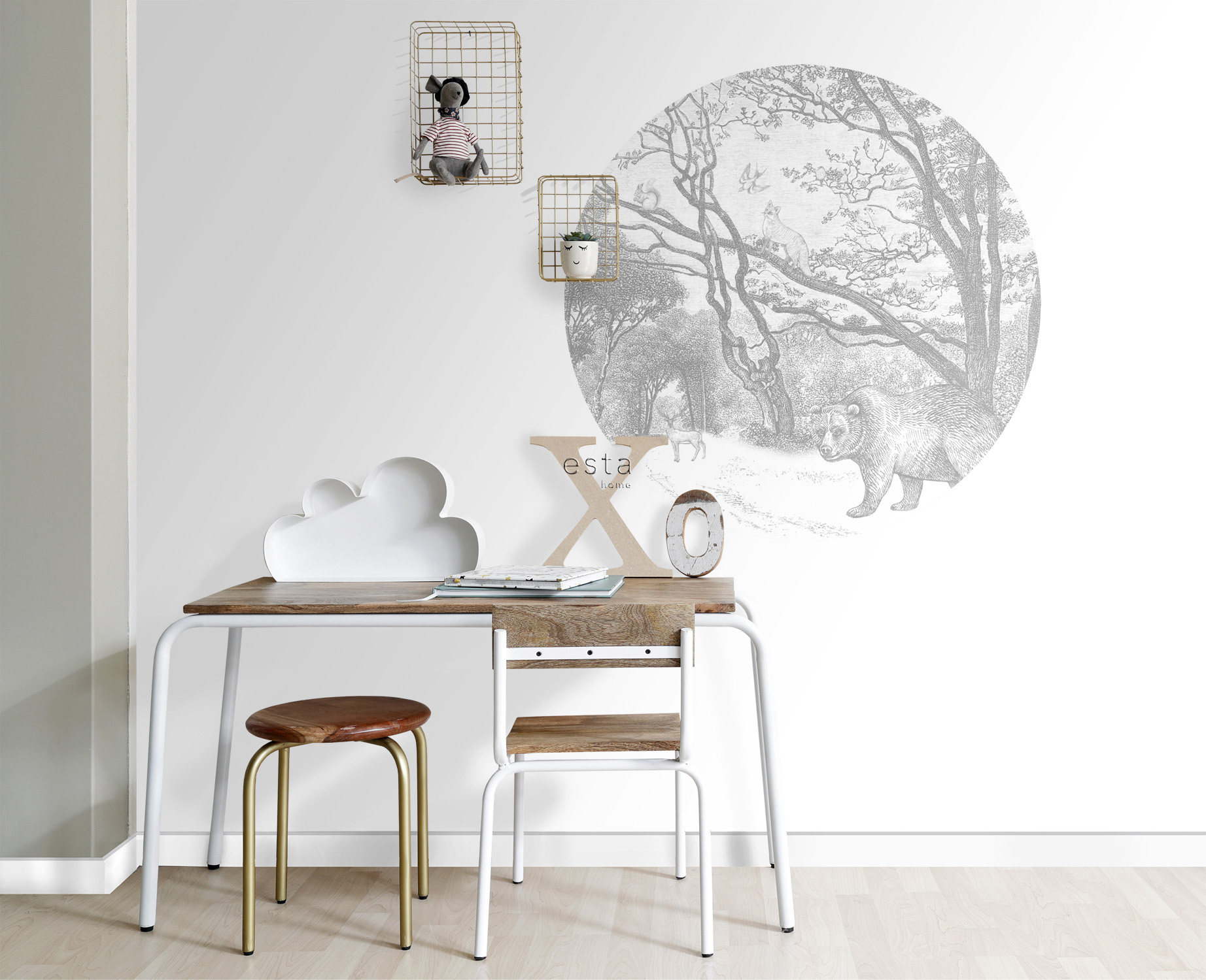 Wandbild Waldtiere rund grau 70 cm Vlies 159070
