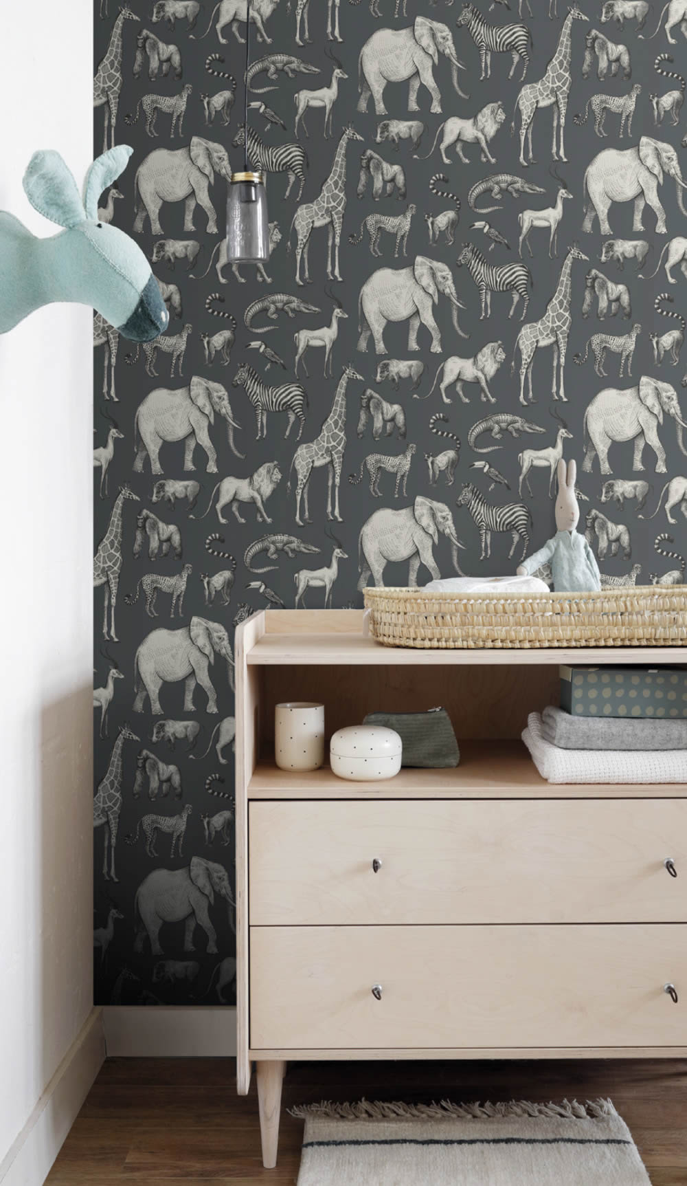 Giraffen Zebras Affen Vliestapete dunkelblau und grau Woodland Rasch Textil 039272