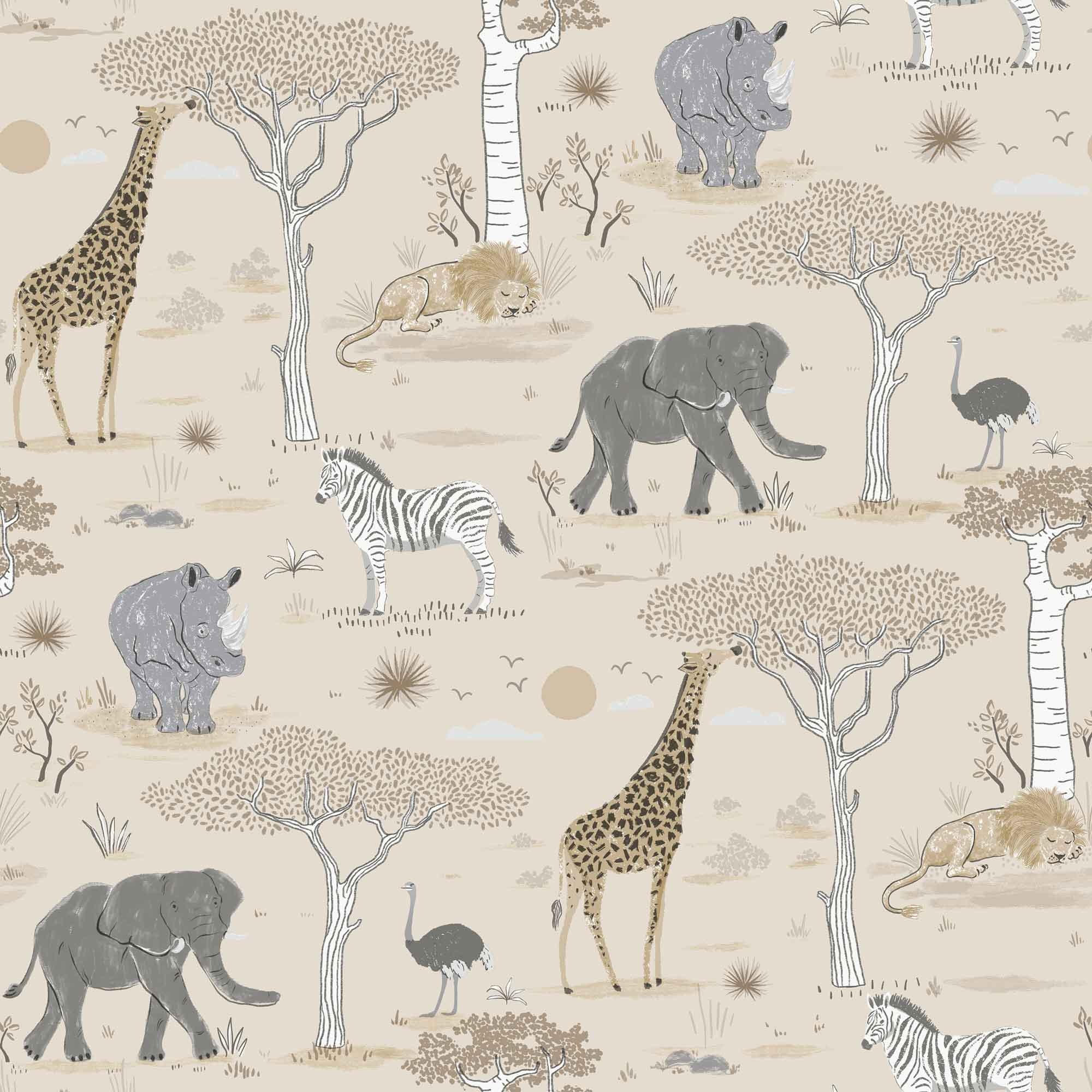 Tapete Safaritiere Zebra Elefant Giraffe Vlies beige G78588