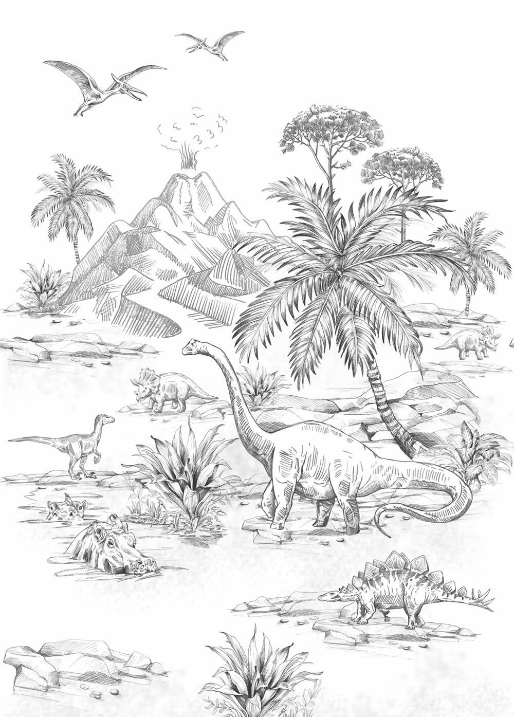 Wandbild 200 x 279 cm Dinos 4 Bahnen schwarz weiß 159237