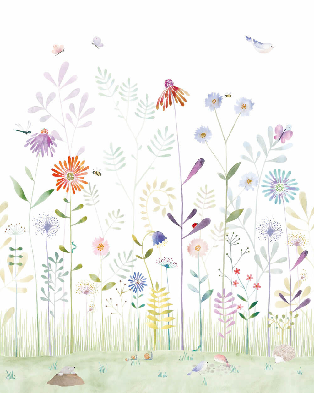 Wandbild 2,00 x 2,50 m Wildblumenwiese Igel Maulwurf Schmetterlinge pastellfarben-36-OUAT88287205