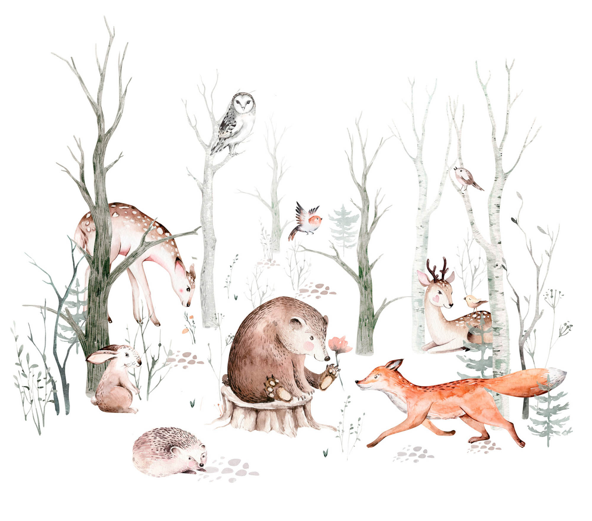 Waldtiere Wandbild Naturtapete süßer Bär und Fuchs 6 Bahnen