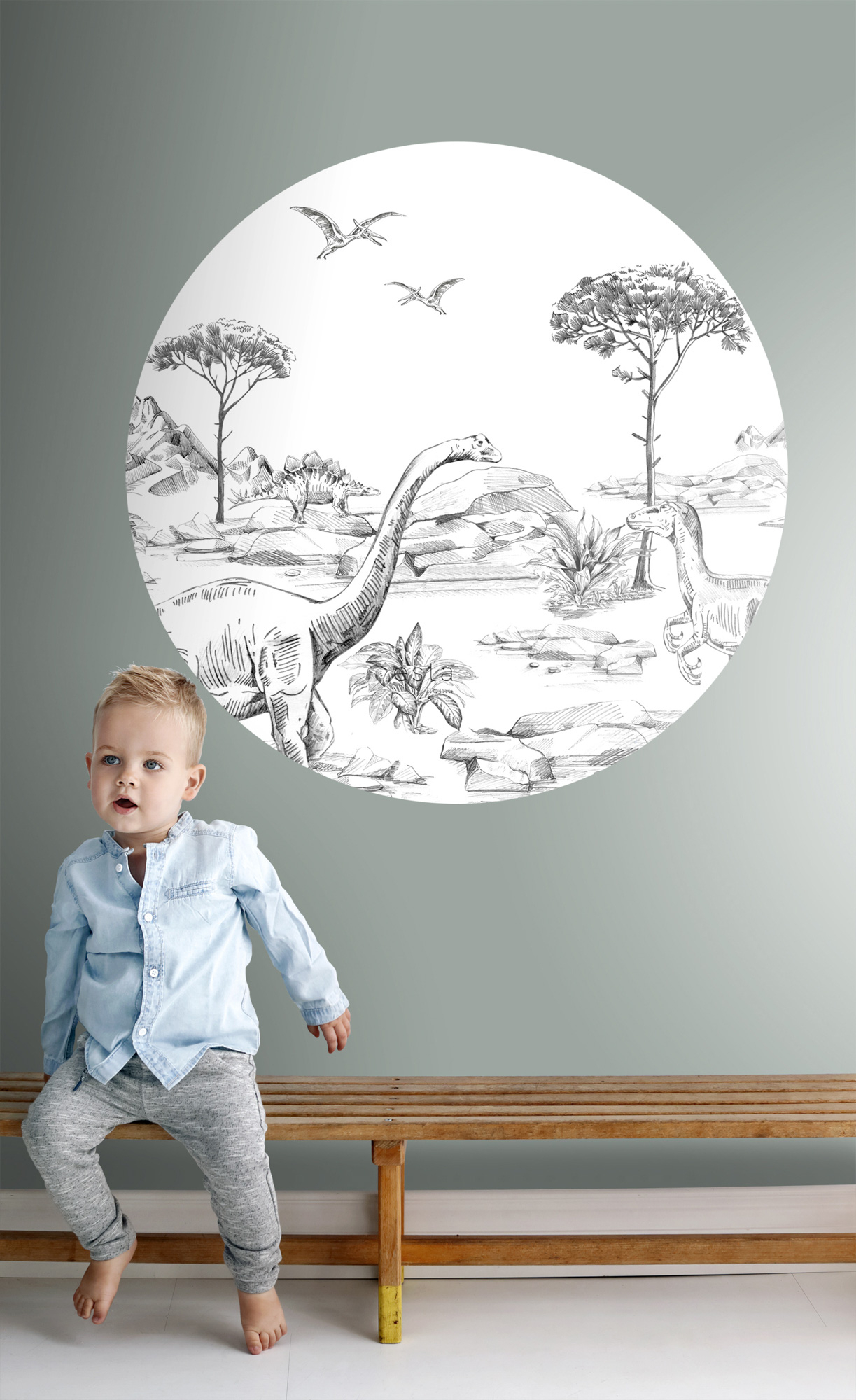 Dino Wandbild schwarz weiß rund 70 cm Vlies 159073