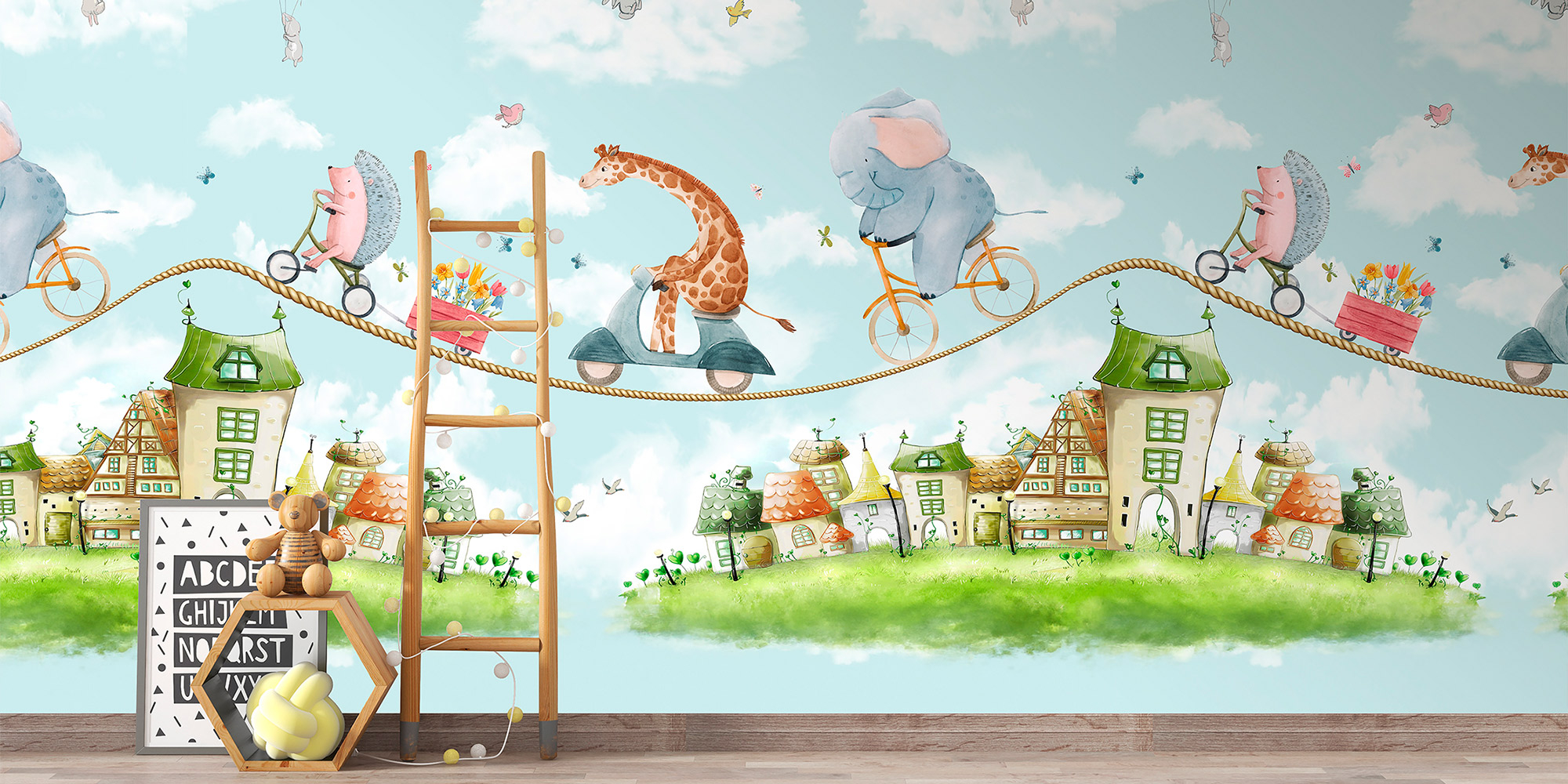 Elefante, Giraffen und Igel fahren mit Fahrrädern über ein über einer Stadt gespanntes Drahtseil.