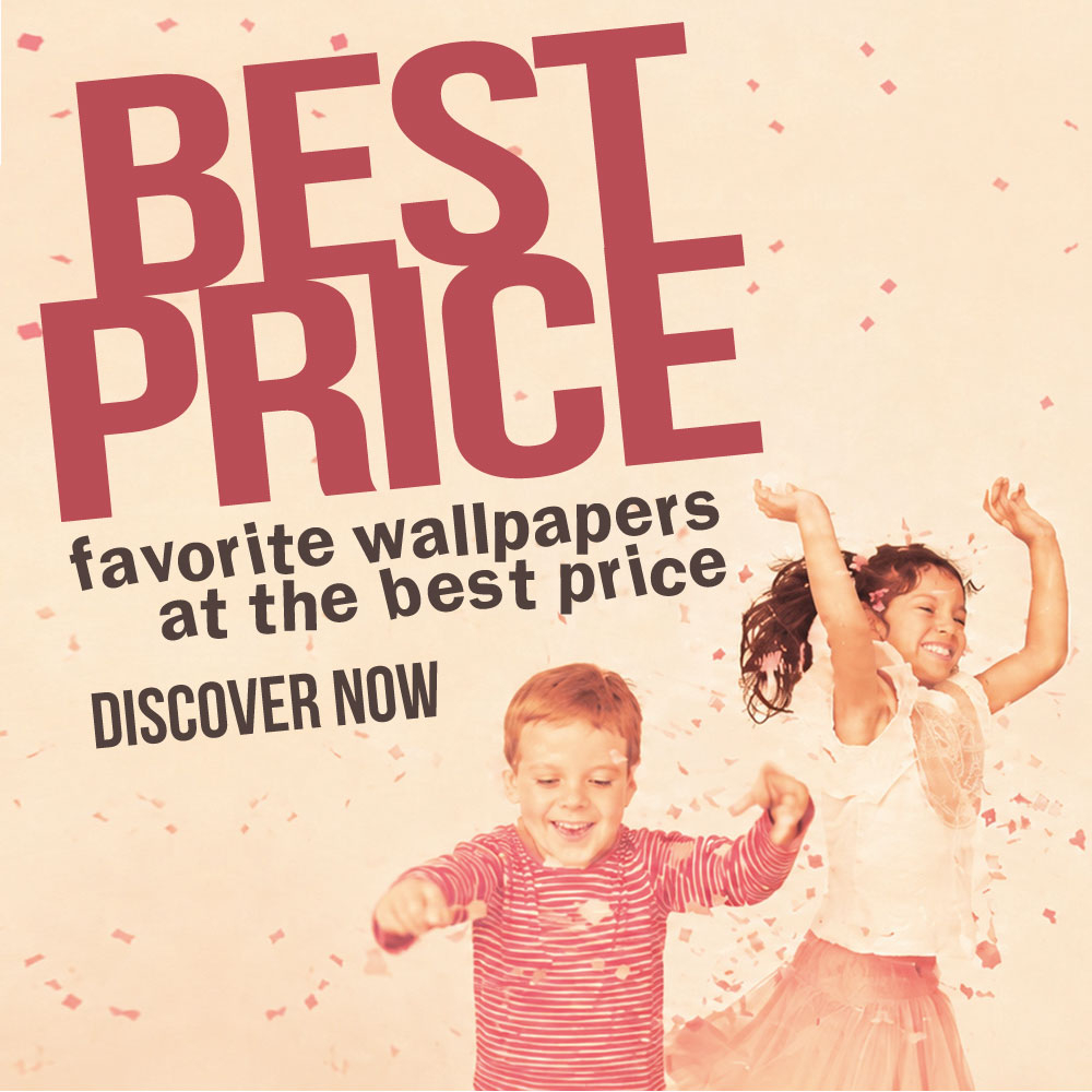 Best Price banner with two happy children and confetti promoting favorite wallpapers at the best price