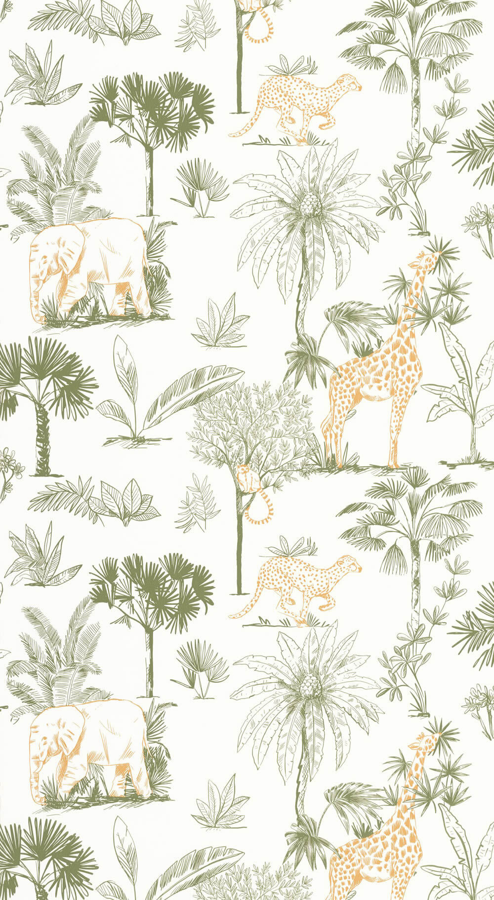 Adventure non-woven wallpaper animals safari yellow green elephant leaves Les Minis Mondes Caselio MNM105737007