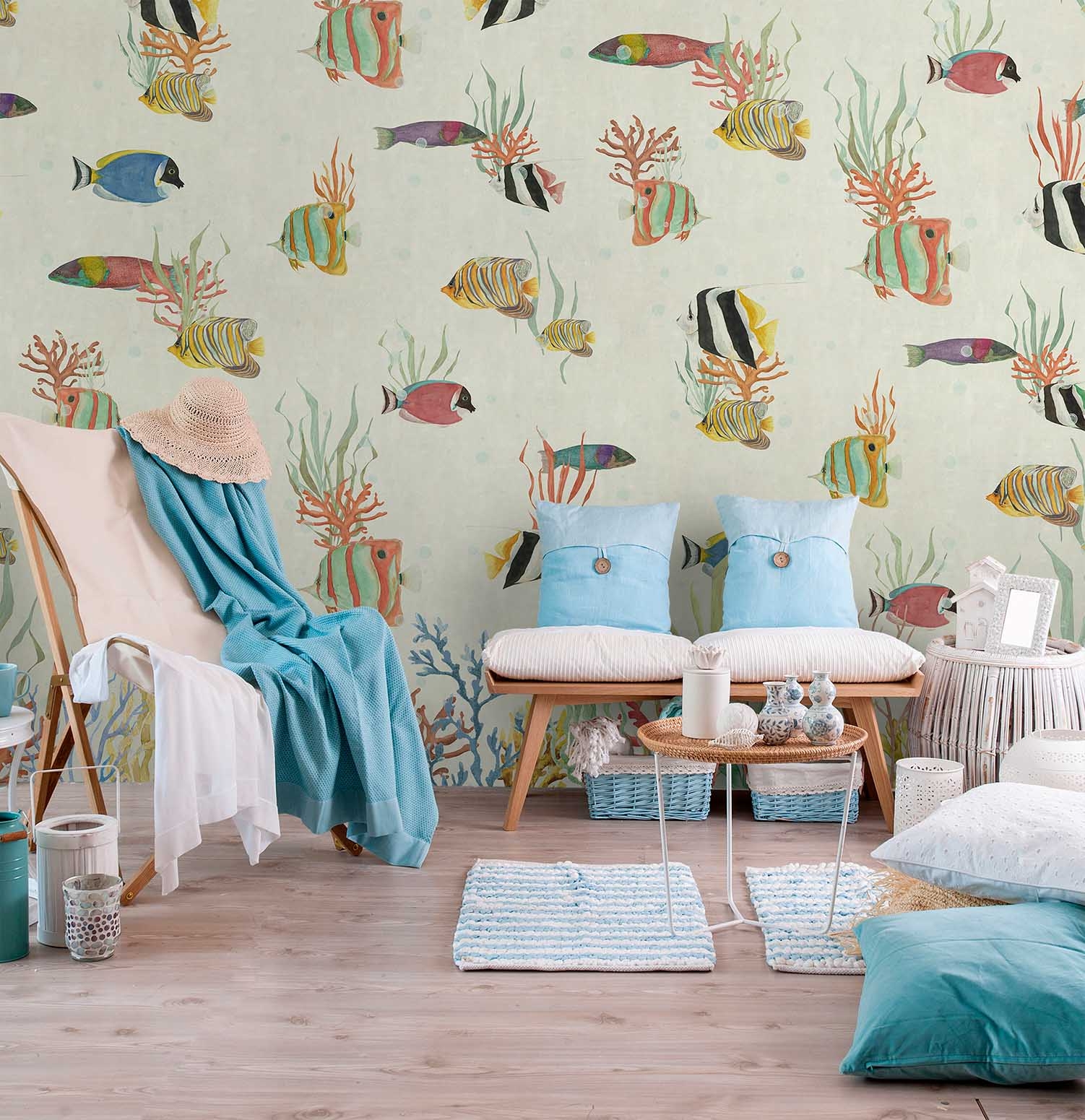 Unterwasser Wandbild bunte Fische Korallen beige Prägevlies