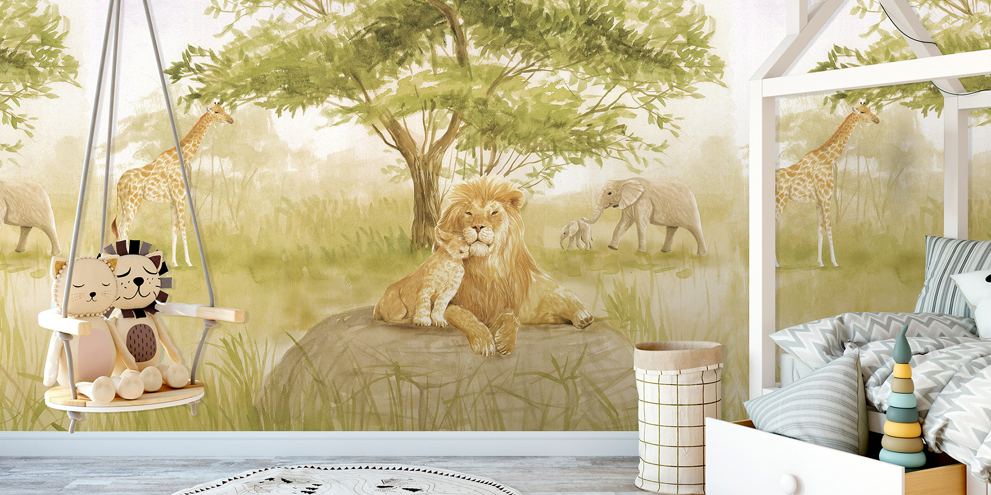 Dieses Wandbild für das Kinderzimmer zeigt eine afrikanische Savannenszene mit Löwen, Elefanten und Giraffen.