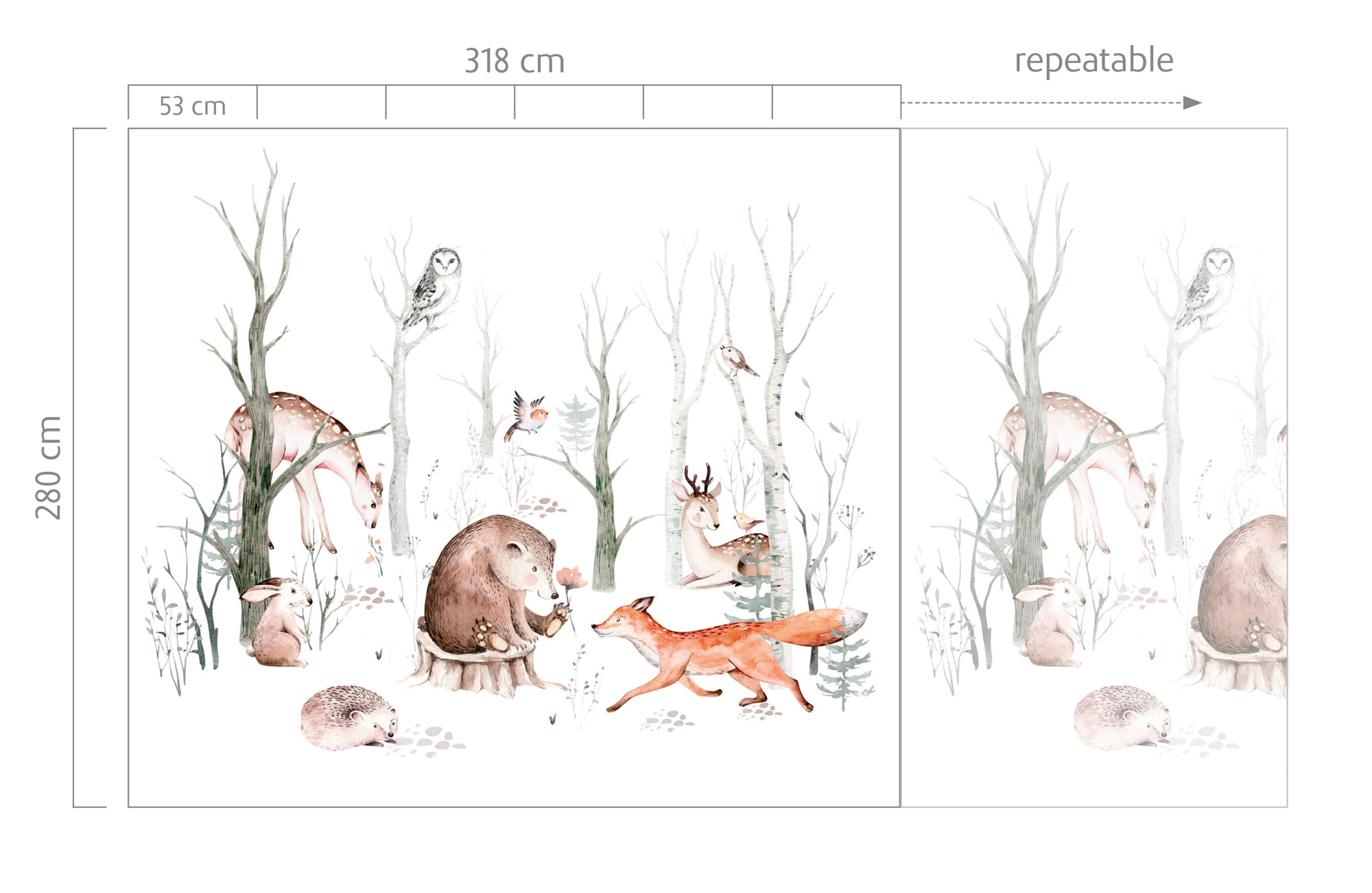 Waldtiere Wandbild Naturtapete süßer Bär und Fuchs 6 Bahnen