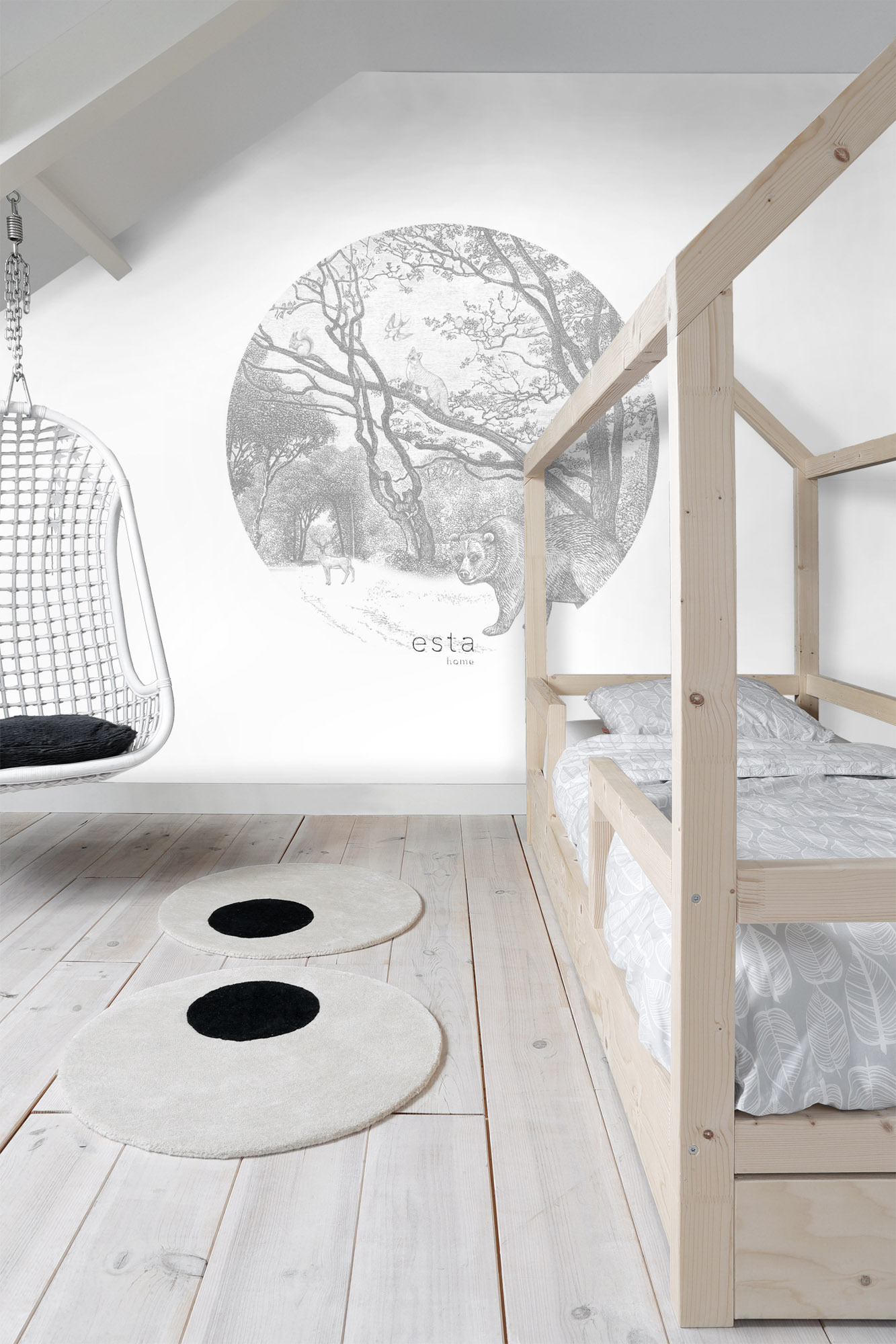 Wandbild Wald Tiere rund grau 140 cm Vlies 159083