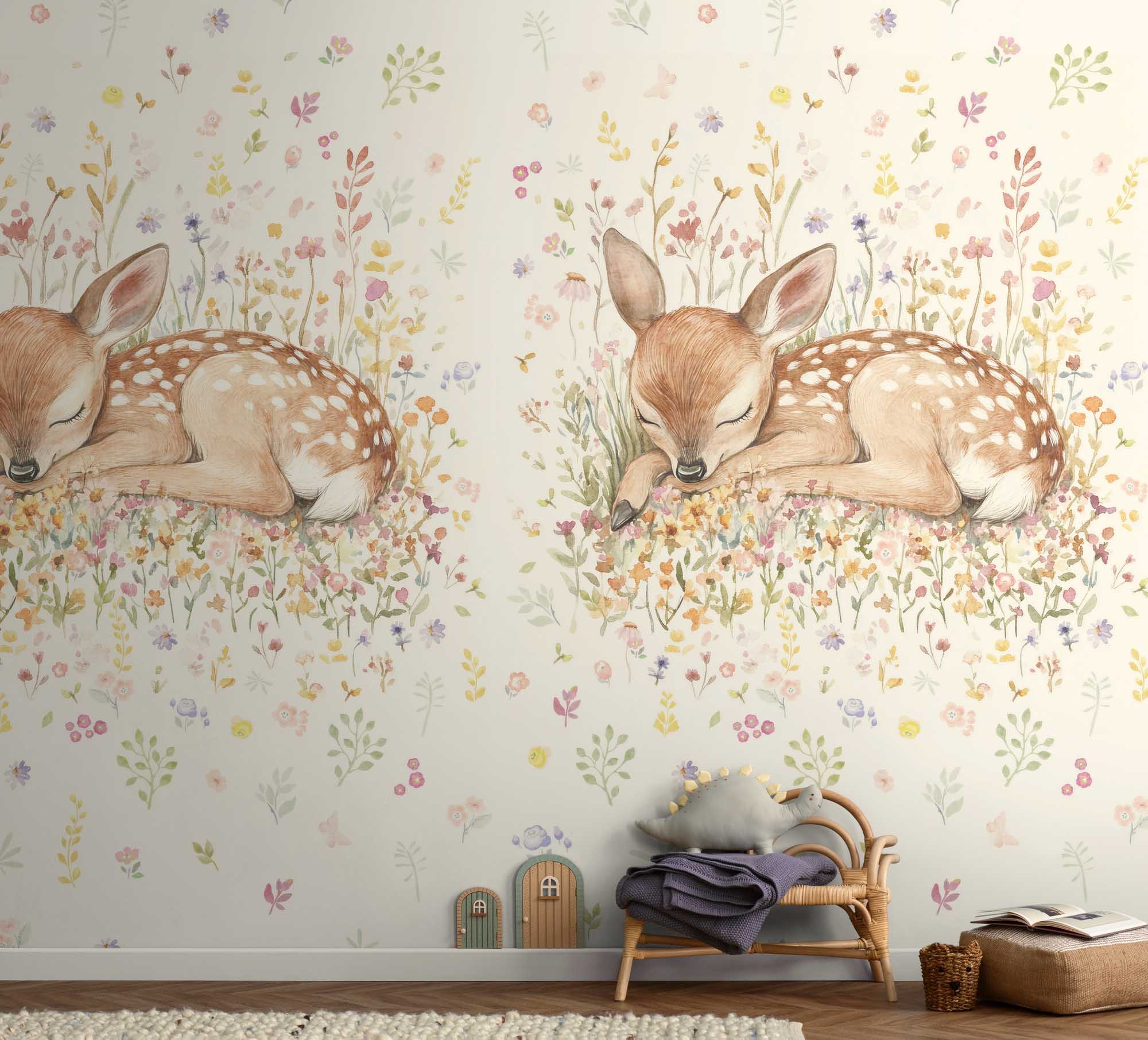 Wandbild Rehkitz Wildblumen beige 159 x 280 cm 792886