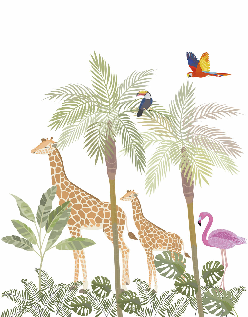 Papagei und Palmenblätter Weiß und bunt Wandbild Kids Walls 45884