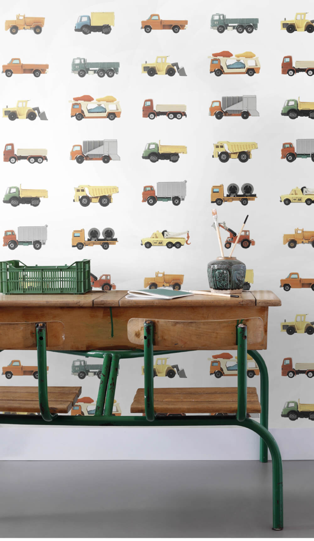 White and colorful mural trucks and tractors Woodland Rasch Textil 159048-23-159048