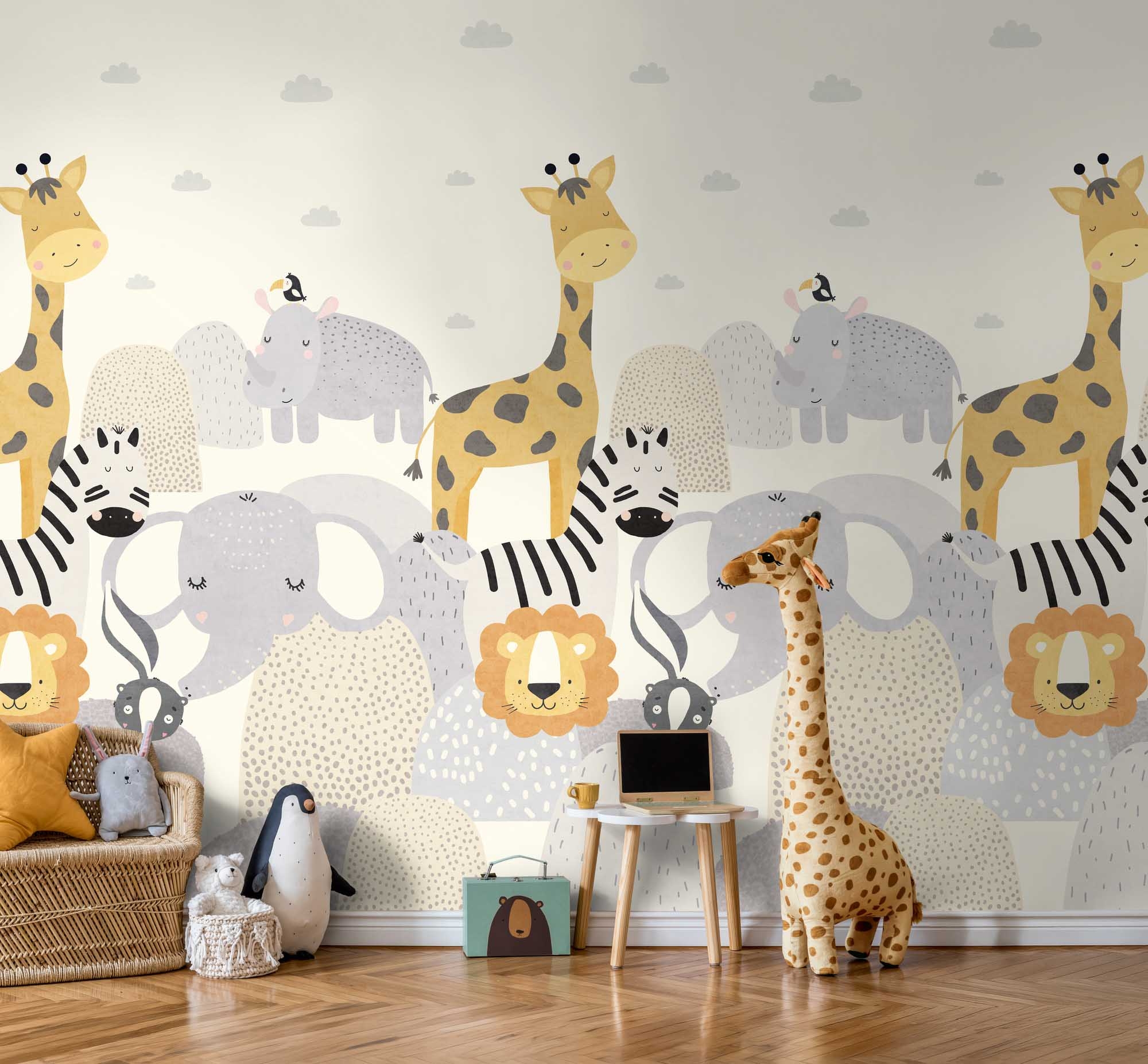 Wandbild Safaritiere Giraffe Löwe creme 159 x 280 cm 792893