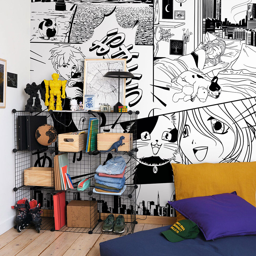 Schwarz-weißes Comic Wandbild mit asiatischen Manga Figuren.