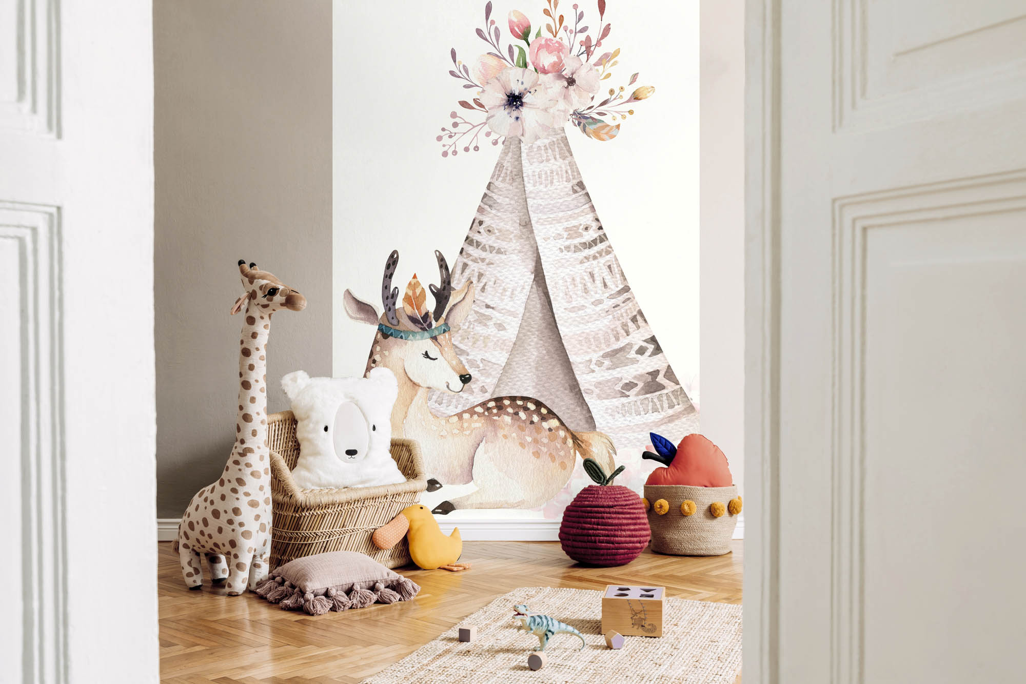3-Panel Mural Vintage Teepee Sleeping Deer Pastel Pink
