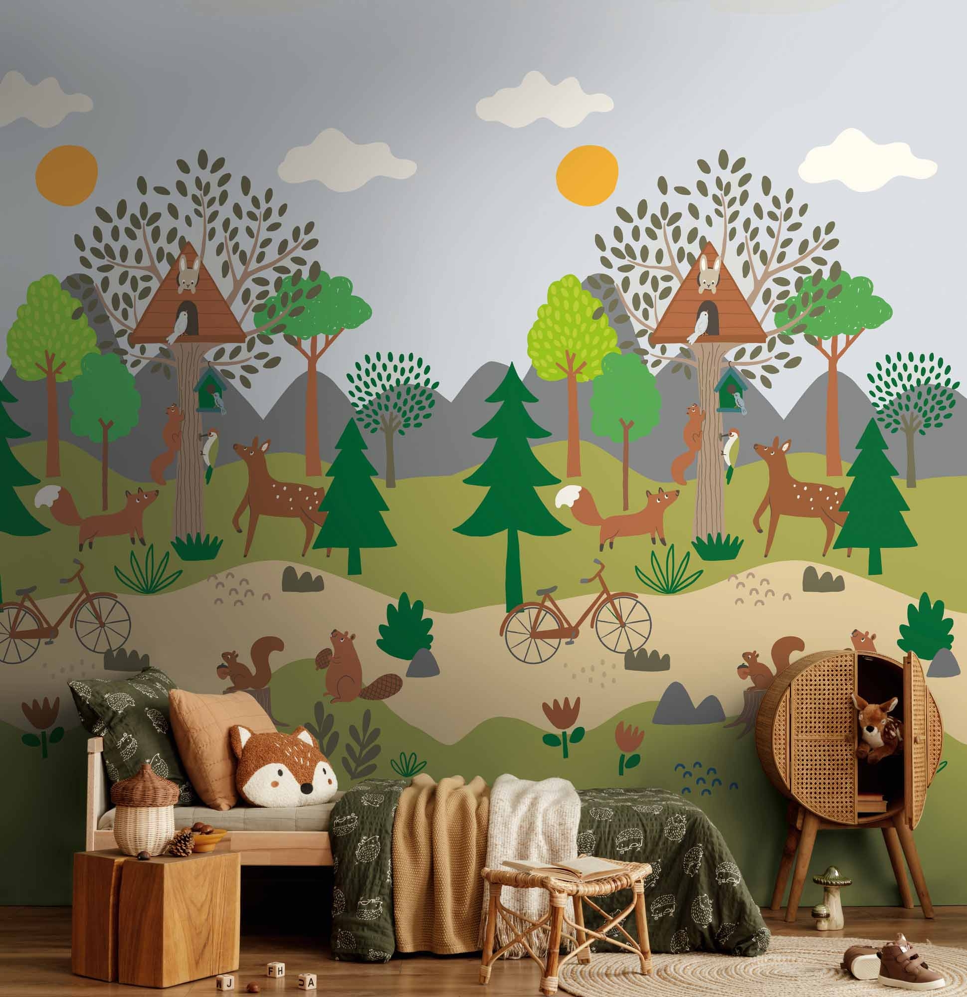 Wandbild Waldtiere Fuchs Reh Bäume grün 159 x 280 cm 792881