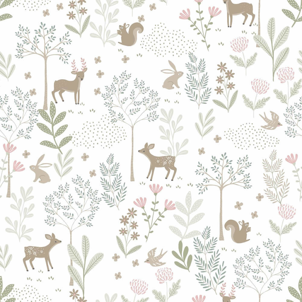 Vliestapete Waldtiere Rehe Hasen Bäume pastellfarben 139519
