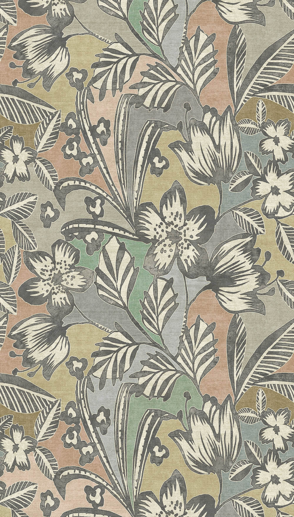 Wandbild 159 x 280 cm gezeichnete Blumen Blätter pastell ML4501