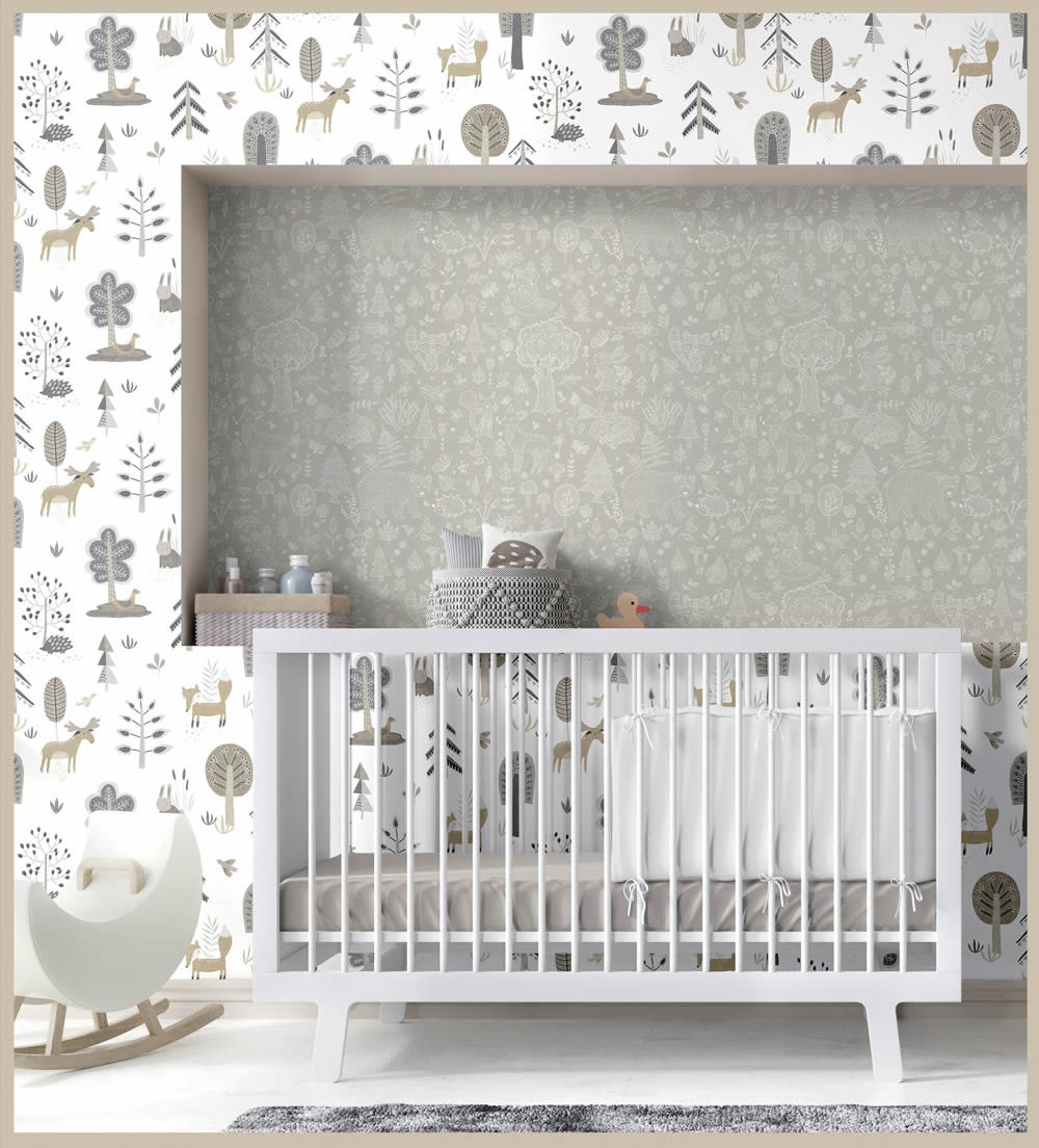 Vliestapete Tiere Wald Natur weiß beige grau 014801