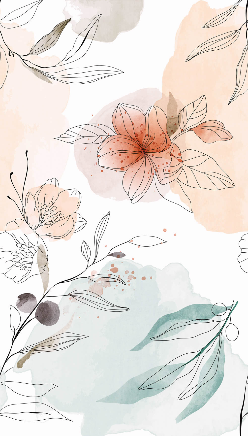 Wandbild 1,59 x 2,80 m aquarell Blumen gezeichnet mint apricot A72701