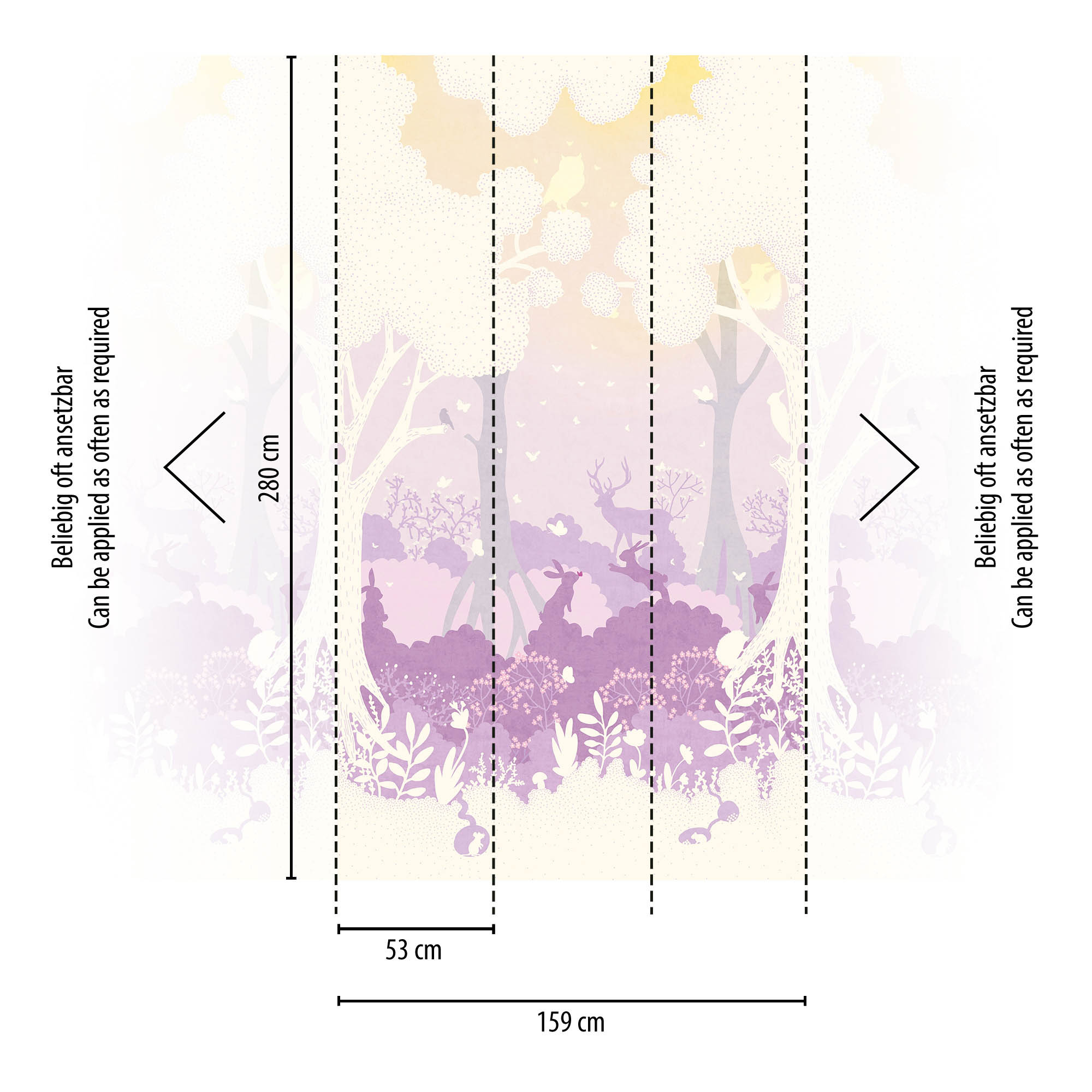 Wandbild Zauberwald Tiere lila gelb 159 x 280 cm 792894