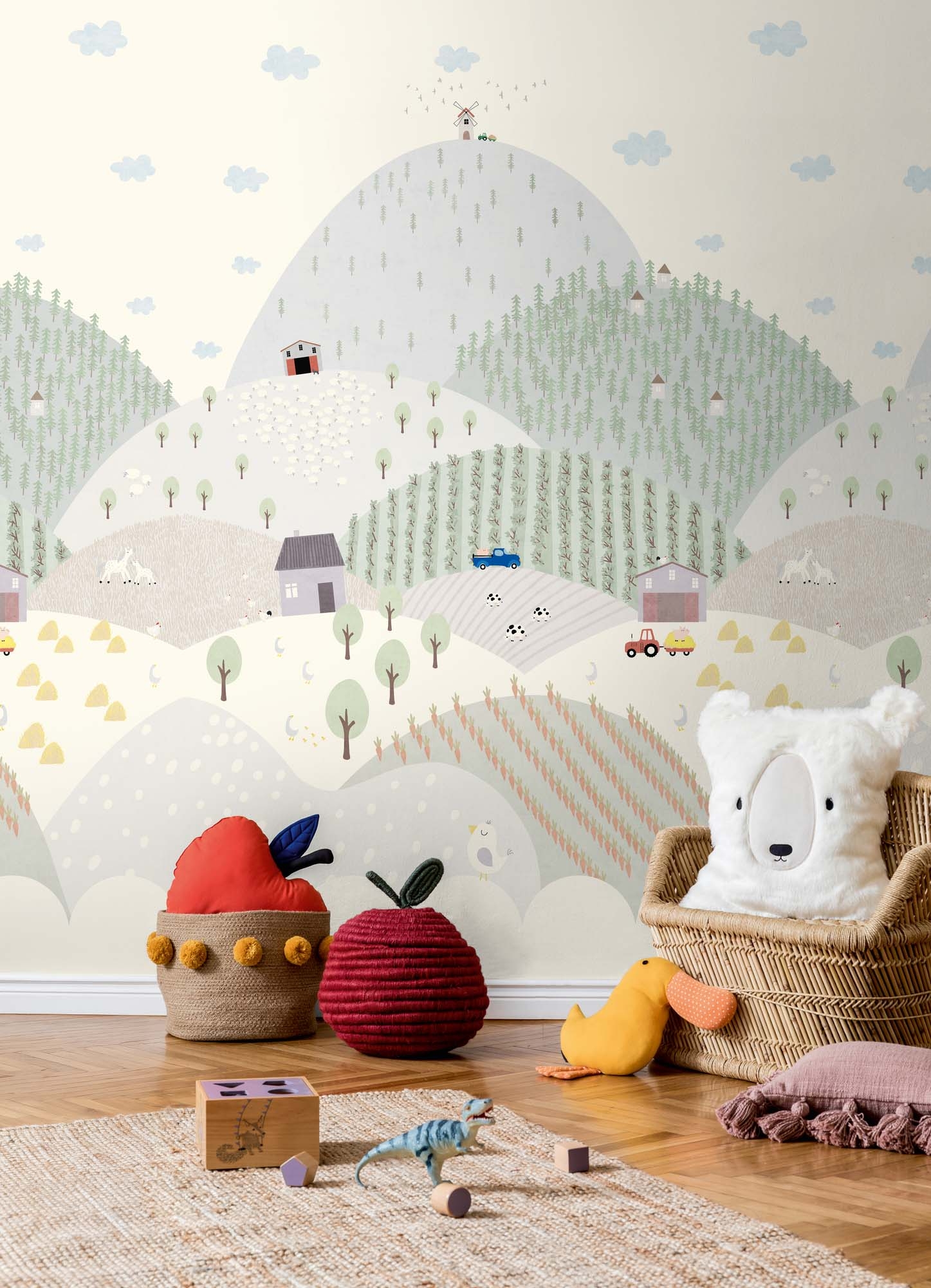 Wandbild Bauernhof Landschaft Hügel beige 159 x 280 cm 792891