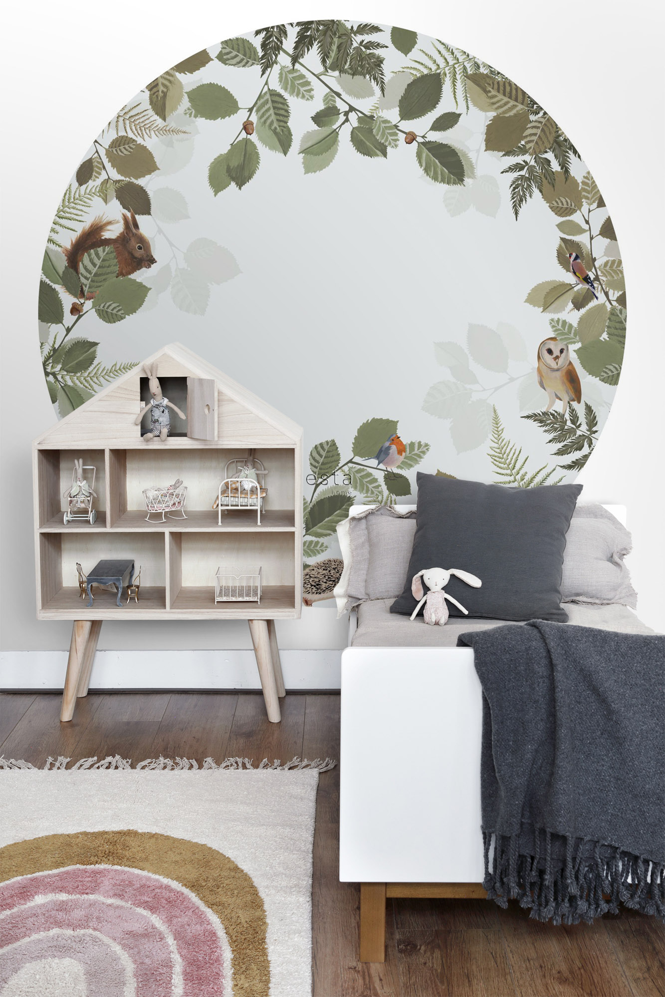 Wandbild Waldtiere Blätter rund grau grün 140 cm 159082