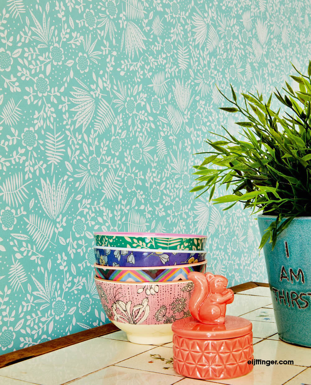 Aquamarine blue leaves non-woven wallpaper-55-383542
