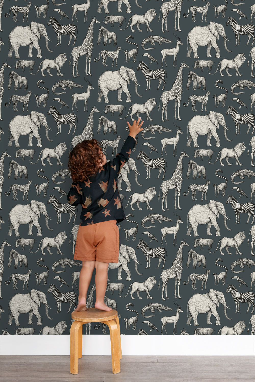 Safarietiere Tapete Giraffe Elefanz Zebra Vlies vintageblau 139272