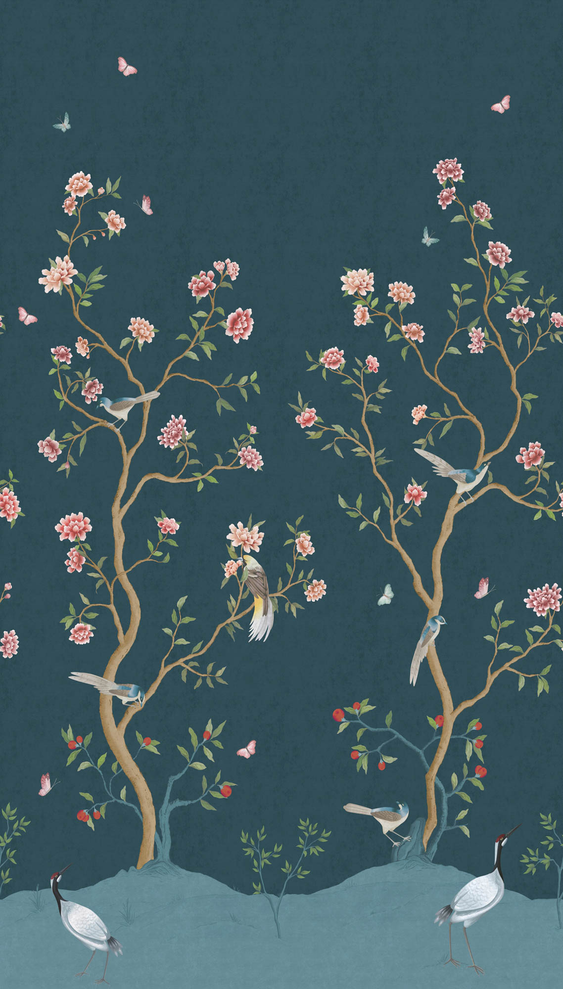 Kirschbaum Wandbild Vögel dunkelblau Prägevlies