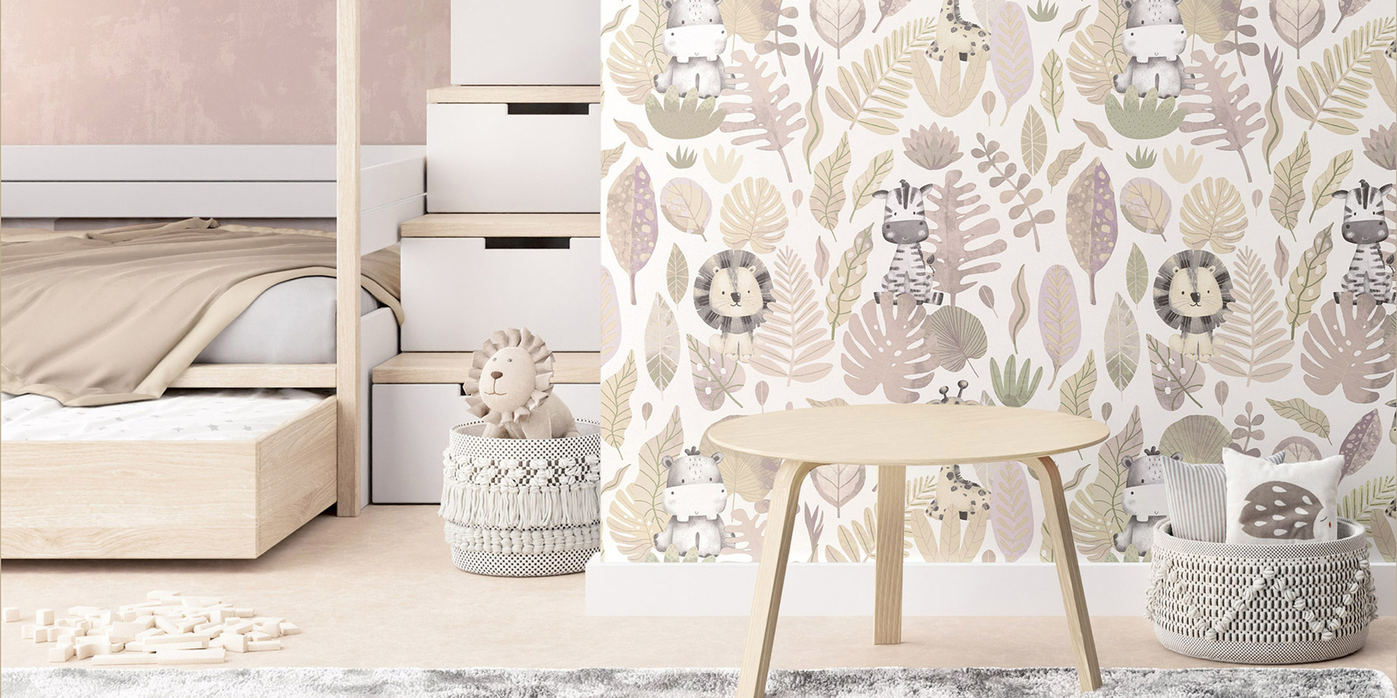 Kindertapete für Mädchen mit wilden Tieren im Jungle in rosa und beige.